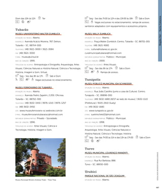 Região Sul : : Santa Catarina 
GUIA DOS MUSEUS BRASILEIROS 
497 
Dom das 10h às 12h Ter 
Tubarão 
Museu Universitário Walter Zumblick 
situação do museu: Aberto. 
endereço: Avenida Acácio Moreira, 787. Dehon. 
Tubarão - SC. 88704-000 
telefones: (48) 3621-3000 / 3621-3084 
fax: (48) 3621-3000 
e-mai l: museu@unisul.br 
ano de criação: 1995. 
ti pologi a do acervo: Antropologia e Etnografia; Arqueologia; Artes 
Visuais; Ciências Naturais e História Natural; Ciência e Tecnologia; 
História; Imagem e Som; Virtual. 
Seg - Sex das 8h às 17h Sáb e Dom 
Vagas exclusivas no estacionamento. 
Museu Ferroviário de Tubarão 
situação do museu: Aberto. 
endereço: Avenida Pedro Zapelini, 2.200. Oficinas. 
Tubarão - SC. 88702-300 
telefones: (48) 3632-3450 / 9976-1210 / 9976-1257 
fax: (48) 3632-3450 
site: www.museuferroviario-sc.webnote.com.br 
e-mai l: museuferroviariotubaraosc@hotmail.com 
natureza administrativa: Privado - Sociedade. 
ano de criação: 1996. 
ti pologi a do acervo: Artes Visuais; Ciência e 
Tecnologia; História; Imagem e Som. 
Seg - Sex das 7h30 às 12h e das 13h30 às 18h Sáb e Dom 
Vagas exclusivas no estacionamento; rampa de acesso; 
sanitários adaptados com equipamentos e acessórios próprios. 
Museu Willy Zumblick 
situação do museu: Aberto. 
endereço: Praça Walter Zumblick. Centro. Tubarão - SC. 88701-001 
telefone: (48) 3621-9083 
e-mai l: cultura@tubarao.sc.gov.br; 
curalmunicipaltubarao@hotmail.com 
natureza administrativa: Público - Municipal. 
ano de criação: 2000. 
ti pologi a do acervo: Artes Visuais. 
Seg - Sex das 8h às 17h Sáb e Dom 
Rampa de acesso. 
Tunápolis 
Museu Público Municipal Ida Schneider 
situação do museu: Aberto. 
endereço: Rua João Castilho (junto a casa da Cultura). Centro. 
Tunápolis - SC. 89898-000 
telefones: (49) 3632-1680 (AEST ao lado do museu) / 3632-1122 
(Prefeitura) / 9105-2610 (Suely) 
fax: (49) 3632-1680 
site: www.tunapolis.sc.gov.br 
e-mai l: suelimichels02@hotmail.com 
natureza administrativa: Público - Municipal. 
ano de criação: 1998. 
ti pologi a do acervo: Antropologia e Etnografia; 
Arqueologia; Artes Visuais; Ciências Naturais e 
História Natural; Ciência e Tecnologia; História. 
Seg - Sex das 7h30 às 11h e das 13h às 17h30 Sáb e Dom 
Turvo 
Museu Municipal Lourenço Manenti 
situação do museu: Aberto. 
endereço: Rua Rui Barbosa, 888. 
Turvo - SC. 88930-000 
Urubici 
Parque Nacional de São Joaquim 
Museu Municipal Ministro Andreas Thaler - Treze Tílias situação do museu: Aberto. 
Imagem cedida ao CNM - IBRAM / MINC 
 