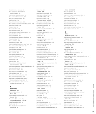 GUIA DOS MUSEUS BRASILEIROS ÍNDICE 
569 
Mostra Permanente de Sismologia 505 
Museu de Embriologia e Anatomia Bernard 
Duhamel da Faciplac 505 
Museu de Artes e Tradição do Nordeste 505 
Museu do Superior Tribunal de Justiça 505 
Museu Vivo da Memória Candanga 506 
Espaço Lúcio Costa 506 
Museu Histórico do Senado Federal 506 
Museu Ambiental da Companhia de Polícia Militar Ambiental 506 
Museu de Arte de Brasília 506 
Panteão da Pátria 506 
Museu de Geociências 507 
Museu Nacional dos Correios 507 
Museu Nacional do Conjunto Cultural da República 507 
Espaço Oscar Niemeyer 507 
Espaço Cultural do INSS 507 
Centro de Referência do Trabalhador - Leonel Brizola 507 
Parque Olhos D’Água 507 
Museu da Inteligência 508 
Parque Nacional de Brasília 508 
Museu Criminal Academia Nacional de Polícia - DePol 508 
Museu Histórico e Artístico de Planaltina 508 
Espaço Memória da CEB 508 
Museu da Fundação Nacional de Saúde 508 
Museu da Limpeza Urbana 508 
Museu do Cerrado 508 
Museu da Justiça Militar da União 508 
Memorial dos Povos Indígenas 509 
Herbário da Universidade de Brasília 509 
Experimentoteca 509 
Museu dos Insetos 509 
Museu Brasileiro de Contabilidade - Conselho 
Federal de Contabilidade 509 
Acervo do Dulcina de Moraes - Fundação Brasileira de Teatro 509 
Museu Casa da Memória Viva 509 
Memorial das Idades do Brasil 509 
Museu Histórico do Corpo de Bombeiros 510 
Museu Nacional de Gemas 510 
Museu Histórico e Artístico de Brazlândia 543 
Museu da Caixa Econômica Federal 543 
Museu Brasília de Gravuras de Cordel - Instituto 
Cultural e Ecológico Luiz Costa - ICELC 559 
Museu da Semente do Cerrado - Instituto Cultural 
e Ecológico Luiz Costa - ICELC 559 
E 
Espírito Santo 
Águia Branca 167 
Museu do Imigrante Polonês 167 
Alegre 167 
Parque Estadual da Cachoeira da Fumaça 167 
Anchieta 167 
Museu Nacional Padre Anchieta 167 
Cachoeiro de Itapemirim 167-168 
Casa de Cultura Roberto Carlos 167 
Casa dos Braga 167 
Museu Ferroviário de Cachoeiro de Itapemirim 
Domingos Lage 167 
Fábrica de Pios 168 
Castelo 168 
Parque Estadual do Forno Grande 168 
Parque Estadual de Mata das Flores 168 
Conceição da Barra 168 
Parque Estadual de Itaúnas 168 
Domingos Martins 168-169 
Casa da Cultura de Domingos Martins 168 
Museu Histórico da Colonização Alemã 168 
Parque Estadual de Pedra Azul 169 
Fundão 169 
Casa de Cultura Dr. Mauro Mattos Pereira 169 
Guarapari 169 
Parque Estadual Paulo César Vinha 169 
Ibiraçu 169 
Museo Zio Minio 169 
Iconha 169 
Museu Histórico Municipal de Iconha 169 
João Neiva 170 
Centro de Cultura Eliezer Pereira Ramos 170 
Museu Ferroviário de João Neiva 170 
Linhares 170-171 
Museu Elias Lorenzutti 170 
Centro Ecológico de Regência 170 
Museu Histórico de Regência 170 
Museu Histórico do Degredo Martins Carapina 170 
Museu Histórico do Pontal do Ipiranga Divina Borges 171 
Museu Histórico de Povoação Mestre Vicente Sabino 171 
Marechal Floriano 171 
Centro Cultural e Comunitário Ezequiel Ronchi 171 
Muqui 552 
Museu Dr. Dirceu Cardoso, Muqui e Sua História 552 
Pancas 171 
Parque Nacional dos Pontões Capixabas 171 
Santa Leopoldina 171 
Museu do Colono 171 
Santa Maria de Jetibá 171 
Museu da Imigração Pomerana 171 
Santa Teresa 172 
Museu de Biologia Prof. Mello Leitão 172 
São Mateus 172 
Museu Aberto das Tartarugas Marinhas 172 
Museu da Saúde 172 
Museu da Imagem e do Som 172 
Museu Municipal de São Mateus 172 
Museu Eclesiástico de Arte Sacra 172 
Serra 172-173 
Museu Histórico da Serra 172 
Sítio Histórico de Carapina 173 
Igreja dos Reis Magos 173 
Casa de Pedra 173 
Vila Velha 173-174 
Centro de Documentação e Memória Garoto 173 
Museu Vale 173 
Casa da Memória de Vila Velha 173 
Forte de São Francisco Xavier da Piratininga (Forte da Barra) 173 
Museu e Atelier Homero Massena 174 
Museu do Convento de Nossa Senhora da Penha 174 
Vitória 174-175, 543 
Museu Solar Monjardim 174 
Galeria Homero Massena 174 
Museu de Arte do Espírito Santo Dionísio Del Santo 174 
Museu do Telefone 174 
Casa Porto das Artes Plásticas 174 
Museu de São Benedito do Rosário 175 
Museu Capixaba do Negro 175 
Parque Estadual da Fonte Grande 175 
Núcleo de Ciência - UFES 175 
Museu do Design (atual Espaço Vitória Design) 175 
Museu de Arte Sacra Santa Luzia 543 
G 
Goiás 
Alto Paraíso de Goiás 512 
Parque Nacional da Chapada dos Veadeiros 512 
Anápolis 512 
Museu de Artes Plásticas Loures 512 
Museu Histórico Alderico Borges de Carvalho 512 
Caldas Novas 512 
Museu da Soja 512 
Caldazinha 512 
Museu Municipal Dita Lima 512 
Catalão 512 
Museu Histórico Municipal Cornélio Ramos 512 
Chapadão do Céu 513 
Coleção Pedagógica Lobo Guará - Parque Nacional das Emas 513 
Formosa 513 
Fundação Museu Couros 513 
Goianésia 513 
Museu Histórico de Goianésia Mário Augusto Alves 513 
Goiânia 513-516 
Museu Antropológico da Universidade Federal de Goiás 513 
Museu de Arte de Goiânia 513 
Museu da Imagem e do Som de Goiás 514 
Museu Goiano Zoroastro Artiaga 514 
Instituto de Pesquisas e Estudos Históricos do Brasil Central 514 
Divisão de Comunicações - Centro de Informação 
e Documentação Arquivística 514 
Museu de Zoologia 515 
Academia Feminina de Letras e Artes de Goiás 515 
Museu de Arte Contemporânea / AGEPEL 515 
Fundação Museu de Ornitologia 515 
Centro Cultural Jesco Puttkamer 515 
Museu Pedro Ludovico 516 
Academia Goiana de Letras 516 
Centro Vivo da Memória Contemporânea 516 
Instituto Federal de Educação de Ciência e Tecnologia - 
Coordenação de Artes 516 
Jardim Botânico Amália Hermano Teixeira 516 
Instituto Histórico e Geográfico de Goiás 516 
Goiás 517 
Museu Casa de Cora Coralina 517 
Museu das Bandeiras 517 
Museu de Arte Sacra da Boa Morte 517 
Centro Cultural Palácio Conde dos Arcos 517 
Memorial Paulo Bertran - Instituto Betran Fleury 517 
 