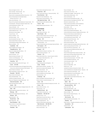GUIA DOS MUSEUS BRASILEIROS ÍNDICE 
571 
Museu da Imagem e do Som 534 
Museu Lidia Baís - Morada dos Baís 534 
Museu José Antônio Pereira 534 
Museu de Arte Contemporânea de Mato Grosso do Sul 534 
Museu de Arqueologia da Universidade Federal 
de Mato Grosso do Sul 534 
Museu Latino Americano 535 
Museu da Força Expedicionária Brasileira de Campo Grande 535 
Casa Operariana - Memorial do Operário Futebol Clube 535 
Centro de Memória do TRE/MS 535 
Museu da Televisão 536 
Museu da Aviação de Busca e Salvamento 536 
Parque Estadual do Prosa 536 
Memorial da Cultura Indígena 536 
Casa da Ferrovia 536 
Museu do Telefone 536 
Sala David Cardoso 536 
Sala de Exposições Guia Lopes 536 
Parque Estadual Matas do Segredo 536 
Casa da Memória Arnaldo Estevão Figueiredo 543 
Museu do Telefone 543 
Cassilândia 536 
Museu Fotográfico de Cassilândia 536 
Chapadão do Sul 537 
Museu da Fundação Júlio Alves Martins 537 
Corumbá 537, 559 
Museu do Pantanal 537 
Museu de História do Pantanal 537 
Instituto Luiz de Albuquerque 537 
Memorial do Homem Pantaneiro 559 
Costa Rica 537 
Parque Estadual das Nascentes do Rio Taquari 537 
Coxim 537-538 
Centro de Documentação Histórica da Região Norte de Mato 
Grosso do Sul e Memorial Henrique de Melo Spengler 537 
Parque Temático do Pantanal 538 
Museu Arqueológico e Histórico de Coxim 538 
Dourados 538, 543 
Museu Histórico de Dourados 538 
Museu da Biodiversidade 538 
Herbário da Cidade de Dourados 538 
Museu da 4ª Brigada de Cavalaria Mecanizada 543 
Glória de Dourados 539 
Museu Municipal Américo Bricatti 539 
Jardim 539 
Museu da Comissão de Estradas e Rodagem Número Três 539 
Jateí 539 
Parque Estadual das Várzeas do Rio Ivinhema 539 
Maracaju 539 
Museu de Tecnologia Regional de Maracaju 539 
Miranda 539 
Museu Ferroviário 539 
Mundo Novo 539 
Museu Tapuy Porã 539 
Nova Andradina 539 
Museu Histórico e Cultural Antonio Joaquim 
de Moura Andrade 539 
Paranaíba 540 
Museu Histórico Municipal Dico Quirino 540 
Ponta Porã 540 
Acervo Cultural Santo Antonio - Museu da Erva Mate 540 
Porto Murtinho 540 
Museu Dom Jaime Aníbal Barreira 540 
Museu Histórico de Porto Murtinho 540 
São Gabriel do Oeste 559 
Museu Municipal de São Gabriel do Oeste 559 
Sonora 540 
Parque Estadual da Serra de Sonora 540 
Minas Gereais 
Aimorés 178 
Museu Histórico de Aimorés 178 
Além Paraíba 178 
Museu do CEFEC Professor Victor José Ferreira 178 
Museu de História e Ciências Naturais 178 
Alfenas 178 
Museu da Memória e Patrimônio da Universidade 
Federal de Alfenas 178 
Museu de História Natural da Universidade Federal de Alfenas 178 
Alto Caparaó 179 
Parque Nacional do Caparaó 179 
Araguari 179 
Arquivo Histórico e Museu Dr. Callil Porto 179 
Museu Ferroviário de Araguari 179 
Arantina 179 
Museu Ovídio Antônio Pires - Instituto Cultural, Científico 
e Ecológico Ovídio Antônio Pires 179 
Museu de Arantina 179 
Araponga 179 
Parque Estadual da Serra do Brigadeiro 179 
Araxá 179-181 
Museu Histórico de Araxá - Dona Beja 179 
Museu Sacro da Igreja de São Sebastião 180 
Museu Calmon Barreto 180 
Museu da Imagem e do Som 180 
Centro de Referência da Cultura Negra 180 
Memorial de Araxá 181 
Arceburgo 181 
Museu Comendador José Dias de Andrade 181 
Instituto Histórico Cultural de Arceburgo 181 
Arcos 181 
Núcleo Museológico da Reserva Ecológica de Corumbá 181 
Arinos 181 
Museu Histórico de Arinos 181 
Casa da Cultura 181 
Barão de Cocais 181 
Museu Histórico Fernando Toco 181 
Barbacena 181-182, 554 
Museu da Loucura 181 
Parque Museu Casa de Emeric Marcier 182 
Museu Municipal de Barbacena 182 
Museu Georges Bernanos 182 
Museu de História Natural Diaulas Abreu 554 
Belo Horizonte 182-189, 554 
Instituto Museu Giramundo 182 
Museu Inimá de Paula 182 
Museu do Bordado 182 
Museu Histórico de Ciências 183 
Fundação Clóvis Salgado - Palácio das Artes 183 
Museu Histórico Abílio Barreto 183 
Museu dos Brinquedos 183 
Museu de Ciências Morfológicas da UFMG 184 
Museu de Ciência e Tecnologia do CEFET/MG 184 
Memória do Judiciário Mineiro 184 
Espaço Cultural Casa do Baile / Centro de Referência 
de Urbanismo, Arquitetura e Design 184 
Museu Marista 184 
Museu Nacional da Poesia 184 
Museu da Força Expedicionária Brasileira 185 
Centro de Memória da Justiça do Trabalho de Minas Gerais 185 
Museu de História Natural e Jardim Botânico da 
Universidade Federal de Minas Gerais 185 
Centro de Memória do Sistema FIEMG 185 
Museu da Escola de Minas Gerais 186 
Museu de Artes e Ofícios 186 
Museu de Arte da Pampulha 186 
Estação Ecológica da Universidade Federal de Minas Gerais 186 
Museu de Ciências Naturais PUC Minas 187 
Espaço TIM UFMG do Conhecimento 187 
Centro de Memória da Medicina de Minas Gerais 187 
Museu Mineiro 187 
Museu de Mineralogia Professor Djalma Guimarães 188 
Museu Histórico da Polícia Militar de Minas Gerais 188 
Museu das Minas e do Metal EBX 188 
Museu das Telecomunicações - OI FUTURO 188 
Centro de Referência Audiovisual 188 
Centro de Estudos Literários 189 
Museu de Valores 189 
Museu do Colégio Militar 189 
Museu do Lixo 189 
Laboratório de História e Educação em Saúde 189 
Centro de Referência em Cartografia Histórica - Palacinho 189 
Centro de Memória da Enfermagem 189 
Núcleo de Memória do Corpo de Bombeiros 189 
Instituto Cultural Amilcar Martins 189 
Museu da Polícia Civil do Estado de Minas Gerais 554 
Belo Vale 190 
Museu do Escravo 190 
Betim 190 
Museu Paulo Araujo Moreira Gontijo 190 
Bocaina de Minas 190 
Museu Duas Rodas 190 
Museu Anne Marie Bühler 190 
Bom Despacho 190-191, 543 
Museu da Cidade 190 
Museu Ferroviário (Estação Paracatu) 191 
Museu Municipal 543 
Bom Sucesso 191 
Museu Municipal Ferreira Guimarães 191 
Botelhos 191 
Museu Histórico - Geográfico de Botelhos e do Café 191 
Brumadinho 191 
Instituto Inhotim 191 
Caetanópolis 191 
 