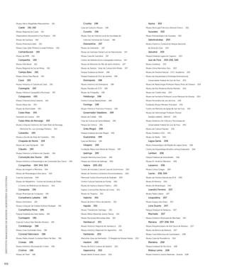 INSTITUTO BRASILEIRO DE MUSEUS | MINISTÉRIO DA CULTURA 572 
Museu Décio Magalhães Mascarenhas 191 
Caeté 191-192 
Museu Regional de Caeté 191 
Observatório Astronômico Frei Rosário 192 
Museu da Cachaça 192 
Museu Pharmacia Ideal 192 
Museu Casa João Pinheiro e Israel Pinheiro 192 
Camanducaia 192 
Museu da MPB 192 
Campanha 192 
Museu Vital Brazil 192 
Museu Regional do Sul de Minas 192 
Campo Belo 192 
Museu Divino Dias Maciel 192 
Caraí 193 
Museu Histórico e Cultural de Caraí 193 
Carangola 193 
Museu Histórico Geográfico Municipal 193 
Cataguases 193 
Museu Chácara Dona Catarina 193 
Museu Alípio Vaz 193 
Museu da Eletricidade 193 
Catas Altas 193 
Santuário do Caraça 193 
Catas Altas da Noruega 193 
Museu e Arquivo Histórico de Catas Altas da Noruega 
- Memorial Pe. Luiz Gonzaga Pinheiro 193 
Caxambu 194 
Museu e Escola de Artes de Caxambu 194 
Chapada do Norte 194 
Museu da Casa Paroquial 194 
Cláudio 194 
Museu Histórico e Artístico de Cláudio 194 
Conceição dos Ouros 194 
Museu Histórico e Arqueológico de Conceição dos Ouros 194 
Congonhas 194, 544, 554 
Museu da Imagem e Memória 194 
Museu de Mineralogia e Arte Sacra 194 
Casa da Juventude 544 
Museu do Aleijadinho - Centro de Estudos da Pedra 
e Centro de Referência do Barroco 554 
Conquista 195 
Museu Municipal de Conquista 195 
Conselheiro Lafaiete 195 
Museu Ferroviário 195 
Museu e Arquivo da Cidade Antônio Perdigão 195 
Conselheiro Pena 195 
Parque Estadual dos Sete Salões 195 
Contagem 195 
Casa da Cultura Nair Mendes Moreira 195 
Cordisburgo 196 
Museu Casa Guimarães Rosa 196 
Coronel Fabriciano 196 
Museu Padre Joseph Cornelius Marie De Man 196 
Cristais 196 
Museu Histórico Municipal de Cristais 196 
Cristina 196 
Museu do Trem 196 
Cruzília 196 
Casa da Cultura e Museu 196 
Curvelo 196 
Museu Vivo de História Local da Faculdade de 
Ciências Humanas de Curvelo 196 
Diamantina 197 
Museu do Diamante 197 
Museu do Garimpo Daniel Luiz do Nascimento 197 
Museu Casa de Juscelino 197 
Centro de Referência em Cartografia Histórica 197 
Museu da Memória do Pão de Santo Antônio 197 
Museu da Seresta - Solar de Cultura Arte Miúda 197 
Parque Estadual do Biribiri 198 
Parque Estadual do Pico do Itambé 198 
Divinópolis 198 
Museu Histórico de Divinópolis 198 
Museu Residencial GTO 198 
Museu da Fotografia 198 
Felisburgo 198 
Centro Cultural Batista Brasil 198 
Formiga 198 
Museu Histórico Francisco Fonseca 198 
Governador Valadares 199 
Museu da Cidade 199 
Casa de Cultura de Santa Bárbara 199 
Parque da Ciência 199 
Grão Mogol 199 
Parque Estadual de Grão Mogol 199 
Guaranésia 199 
Casa da Memória 199 
Inhapim 199 
Fundação Maria José Motta de Oliveira 199 
Ipatinga 199 
Estação Memória Zeza Souto 199 
Parque da Ciência de Ipatinga 200 
Itabira 200-201 
Centro de Inclusão Cultural Casa de Drummond 200 
Museu de Território Caminhos Drummondianos 200 
Memorial Carlos Drummond de Andrade 200 
Centro Cultural Fazenda do Pontal 200 
Museu de Itabira e Arquivo Público 200 
Espaço Cultural Brás Martins da Costa 201 
Museu do Tropeiro 201 
Itabirito 201 
Museu de Arte e Ofício de Itabirito 201 
Itajubá 201 
Museu Theodomiro Santiago 201 
Museu Militar Marechal Juarez Távora 201 
Museu Municipal Wenceslau Brás 201 
Itambacuri 201 
Museu Histórico Regional de Itambacuri 201 
Museu Histórico Regional Frei Agostinho 201 
Itanhandu 202 
Memórias Vivas de Itanhandú - O Resgate de Nossas Raízes 202 
Itaobim 202 
Museu de Arte e Cultura de Itaobim 202 
Itapecerica 202 
Museu Bento Ernesto Júnior 202 
Itaúna 202 
Museu Municipal Francisco Manoel Franco 202 
Ituiutaba 202 
Museu Antropológico de Ituiutaba 202 
Jaboticatubas 203 
Museu Histórico-Cultural do Parque Nacional 
da Serra do Cipó 203 
Januária 203 
Parque Estadual Lagoa do Cajueiro 203 
Juiz de Fora 203-205, 544 
Museu Granbery 203 
Museu Usina Marmelos Zero 203 
Museu de História Natural - CES / Academia 203 
Museu de Arqueologia e Etnologia Americana da 
Universidade Federal de Juiz de Fora 203 
Museu de Malacologia Professor Maury Pinto de Oliveira 204 
Museu de Arte Moderna Murilo Mendes 204 
Museu do Crédito Real 204 
Museu de Farmácia Professor Lucas Marques do Amaral 204 
Museu Ferroviário de Juiz de Fora 205 
Fundação Museu Mariano Procópio 205 
Centro da Memória da Igreja de Juiz de Fora 205 
Museu de Odontologia Professor Doutor 
Geraldo Halfeld - ABO/JF 205 
Museu Dinâmico de Ciência e Tecnologia da 
Universidade Federal de Juiz de Fora 205 
Museu de Cultura Popular 205 
Museu Herbário CESJ 205 
Museu do Rádio 544 
Lagoa Santa 206 
Museu Arqueológico da Região de Lagoa Santa 206 
Centro de Arqueologia Annette Laming Emperaire 206 
Lambari 206 
Parque Estadual de Nova Baden 206 
Museu Dr. Américo Werneck 206 
Lassance 206 
Museu Carlos Chagas 206 
Lavras 206, 544 
Museu de História Natural da UFLA 206 
Museu Bi Moreira 206 
Museu de Mineralogia 544 
Leandro Ferreira 207 
Museu Padre Libério 207 
Leopoldina 207 
Museu Espaço dos Anjos 207 
Lima Duarte 207 
Parque Estadual do Ibitipoca 207 
Machado 207 
Museu Histórico Municipal de Machado 207 
Mariana 207-208, 554 
Museu Arquidiocesano de Arte Sacra de Mariana 207 
Museu da Música de Mariana 207 
Museu Casa Alphonsus de Guimaraens 208 
Museu Casa da Providência 554 
Marliéria 208 
Parque Estadual do Rio Doce 208 
Mateus Leme 208 
Museu Histórico Jovino Resende - Azurita 208 
 