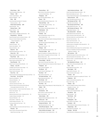 GUIA DOS MUSEUS BRASILEIROS ÍNDICE 
573 
Minas Novas 208 
Museu Municipal de Minas Novas 208 
Minduri 208 
Centro Cultural Manduri 208 
Museu do Mobiliário 208 
Miraí 208 
Acervo Municipal Governador Dr. Francelino 
Pereira dos Santos 208 
Monte Santo de Minas 209 
Museu Municipal 209 
Montes Claros 209 
Museu Folclórico 209 
Monte Sião 209 
Museu Histórico e Geográfico de Monte Sião 209 
Muzambinho 209, 554 
Museu Municipal Francisco Leonardo Cerávolo 209 
Museu do Instituto Federal do Sul de Minas 
- Campus Muzambinho 554 
Nanuque 210 
Museu de Ecologia 210 
Museu Homo Sapiens 210 
Museu da Fazenda 210 
Nova Era 210 
Museu Municipal de Arte e História 210 
Nova Lima 210 
Parque Estadual da Serra do Rola Moça 210 
Nova Ponte 210 
Museu Manoel Pereira de Resende 210 
Museu Histórico de Nova Ponte 210 
Nova Resende 211 
Museu Casa da Cultura de Nova Resende 211 
Oliveira 211, 544 
Fundação Casa de Cultura Carlos Chagas 211 
Museu Histórico de Oliveira 211 
Museu Histórico Diocesano 544 
Ouro Fino 211 
Museu de Arte Sacra da Paróquia de São Francisco de Paula 211 
Ouro Preto 211-213, 555 
Museu da Inconfidência 211 
Museu das Reduções 211 
Museu Aleijadinho 212 
Casa dos Contos de Ouro Preto 212 
Museu de Ciência e Técnica da Escola de Minas da 
Universidade Federal de Ouro Preto 212 
Museu do Oratório - Instituto Cultural Flávio Gutierrez 212 
Museu Casa Guignard 212 
Museu do Chá 212 
Museu de Arte Sacra do Carmo / Paróquia do Pilar 213 
Herbário Professor José Badini 213 
Museu de Pharmácia 213 
Museu Aberto - Cidade Viva 213 
Parque Estadual do Itacolomi 213 
Ecomuseu da Serra de Ouro Preto 555 
Pains 213 
Museu Arqueológico do Carste do Alto São Francisco 213 
Paracatu 214 
Museu Histórico Municipal de Paracatu Pedro 
Salazar Moscoso da Veiga 214 
Pará de Minas 213 
Museu Histórico, Documental, Fotográfico e 
do Som de Pará de Minas 213 
Paraguaçu 214 
Museu Municipal Alferes Belisário 214 
Passos 214 
Centro de Memória Antônio Teodora Grilo 214 
Patos de Minas 214 
Museu da Cidade de Patos de Minas 214 
Patrocínio 214 
Museu Professor Hugo Machado da Silveira 214 
Pedrinópolis 215 
Casa da Memória 215 
Perdizes 215 
Museu de Arqueologia e História Prof.a Dra. 
Márcia Angelina Alves 215 
Museu Histórico de Perdizes Ubaldino Alvarenga de Resende 215 
Perdões 215 
Museu Municipal Joaquim Bastos Bandeira 215 
Pirapora 215 
Museu do São Francisco 215 
Pitangui 216 
Museu Sacro Monsenhor Vicente Soares 216 
Poços de Caldas 216 
Museu do Termalismo Dr. Aristides de Mello Souza 216 
Museu Histórico e Geográfico de Poços de Caldas 216 
Memorial Padre Carlos 216 
Instituto Moreira Salles - Centro Cultural Poços de Caldas 216 
Pouso Alegre 216-217 
Museu Histórico Municipal Tuany Toledo 216 
Museu da Fundação de Ensino Superior do Vale do Sapucaí 217 
Pratápolis 217 
Centro Cultural de Pratápolis 217 
Rio Manso 217 
Casa da Cultura Dr. Mildo Rugani 217 
Rio Novo 217 
Museu Histórico de Rio Novo 217 
Rio Pardo de Minas 217 
Parque Estadual da Serra Nova 217 
Rio Pomba 217 
Museu Histórico de Rio Pomba 217 
Rio Preto 217 
Biblioteca Pública e Museu Regional Dr. Alípio de Araújo Silva 217 
Sabará 218 
Museu do Ouro 218 
Sacramento 218 
Museu Histórico Corália Venites Maluf 218 
Museu Corina Novelino 218 
Santa Juliana 218 
Fundação Ambrosina Rodrigues do Carmo 218 
Santa Luzia 218 
Museu Histórico Aurélio Dolabella 218 
Santana do Riacho 219 
Parque Nacional da Serra do Cipó 219 
Santa Rita do Sapucaí 218 
Museu Municipal Dr. Delfim Moreira da Costa Ribeiro 218 
Santo Antônio do Amparo 219 
Museu Municipal Dr. Helio Carvalho Garcia 219 
Santo Antônio do Monte 219 
Museu Teresa Adami Bernard de Carvalho 219 
Museu Maria Angélica de Castro 219 
Centro de Memória Municipal Dr. José de Magalhães Pinto 219 
Santos Dumont 220 
Museu Casa Natal de Santos Dumont 220 
São Gonçalo do Pará 220 
Museu Padre José de Queiroz 220 
São Gonçalo do Rio Preto 220 
Parque Estadual do Rio Preto 220 
São Gonçalo do Sapucaí 220 
Museu Bárbara Heliodora 220 
São João del-Rei 220-222 
Museu Regional de São João del-Rei 220 
Museu Ferroviário de São João del-Rei 220 
Memorial Cardeal Dom Lucas Moreira Neves 221 
Memorial Tancredo Neves 221 
Museu Tomé Portes Del Rei 221 
Museu de Estanho John Somers 221 
Instituto Histórico e Geográfico de São João del-Rei 221 
Museu de Arte Sacra 221 
Centro de Referência Musicológica Prof. José Maria Neves 221 
Museu do 11º Batalhão de Infantaria de Montanha 
- Regimento Tiradentes 222 
São Lourenço 222 
Fundação Municipal de Cultura de São Lourenço 222 
Memorial Presidente Tancredo Neves 222 
Museu do Templo - Sociedade Brasileira de Eubiose 222 
Casa da Cultura 222 
São Sebastião do Paraíso 222 
Museu Histórico Municipal Napoleão Joele 222 
Serro 223 
Museu Regional Casa dos Ottoni 223 
Sete Lagoas 223 
Museu Histórico Municipal 223 
Museu Ferroviário de Sete Lagoas 223 
Timóteo 223 
Casa de Memória e Pesquisa do Legislativo de Timóteo 223 
Tiradentes 223 
Museu do Automóvel da Estrada Real 223 
Museu Padre Toledo 223 
Tombos 223 
Museu da Cidade de Tombos e Arquivo Histórico- 
Geográfico e Cultural 223 
Três Corações 223 
Casa da Cultura Godofredo Rangel 223 
Três Marias 224 
Museu Manuelzão 224 
Três Pontas 224 
Museu do Café 224 
Tupaciguara 224 
Museu Histórico Chico Ribeiro 224 
Turmalina 225 
Centro de Memória Cultural e Artística de Turmalina 225 
Ubaporanga 225 
Casa da Memória Zizi Bomfim 225 
Uberaba 225-226 
Casa de Memórias e Lembranças de Chico Xavier 225 
 
