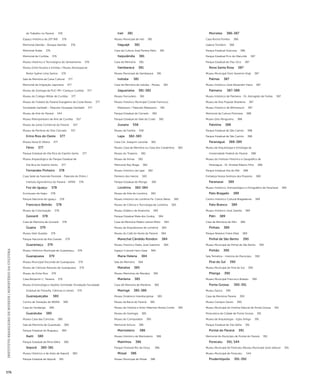 INSTITUTO BRASILEIRO DE MUSEUS | MINISTÉRIO DA CULTURA 576 
do Trabalho no Paraná 376 
Espaço Histórico do 20º BIB 376 
Memorial Alemão - Bosque Alemão 376 
Memorial Árabe 376 
Memorial de Curitiba 376 
Museu Histórico e Tecnológico do Saneamento 376 
Museu Entre Nuvens e Estrelas / Museu Aeroespacial 
Reitor Sydnei Lima Santos 376 
Sala da Memória da Caixa Cultural 377 
Memorial da Imigração Japonesa 377 
Museu de Zoologia da PUC-PR / Campus Curitiba 377 
Museu do Colégio Militar de Curitiba 377 
Museu do Futebol do Paraná Evangelino da Costa Neves 377 
Sociedade Garibaldi - Palacete Giuseppe Garibaldi 377 
Museu de Arte do Paraná 544 
Museu Metropolitano de Arte de Curitiba 557 
Museu da Junta Comercial do Paraná 557 
Museu da Periferia do Sítio Cercado 557 
Entre Rios do Oeste 377 
Museu Nova Et Vétera 377 
Fênix 377 
Parque Estadual de Vila Rica do Espírito Santo 377 
Museu Arqueológico do Parque Estadual de 
Vila Rica do Espírito Santo 377 
Fernandes Pinheiro 378 
Casa Sede da Fazenda Florestal - Palacete do Pinho / 
Instituto Agronômico do Paraná - IAPAR 378 
Foz do Iguaçu 378 
Ecomuseu de Itaipu 378 
Parque Nacional do Iguaçu 378 
Francisco Beltrão 378 
Museu da Colonização 378 
Goioerê 378 
Casa da Memória de Goioerê 378 
Guaíra 379 
Museu Sete Quedas 379 
Parque Nacional da Ilha Grande 379 
Guaraniaçu 379 
Museu Histórico Municipal de Guaraniaçu 379 
Guarapuava 379 
Museu Municipal Visconde de Guarapuava 379 
Museu de Ciências Naturais de Guarapuava 379 
Museu de Entre Rios 379 
Casa Benjamin C. Teixeira 379 
Museu Entomológico Hipólito Schneider (Fundação Faculdade 
Estadual de Filosofia, Ciências e Letras) 379 
Guaraqueçaba 380 
Centro de Visitação do IBAMA 380 
Casa do Fandango 380 
Guaratuba 380 
Museu Casa das Conchas 380 
Sala da Memória de Guaratuba 380 
Parque Estadual do Boguaçu 380 
Ibaiti 380 
Parque Estadual da Mina Velha 380 
Ibiporã 380-381 
Museu Histórico e de Artes de Ibiporã 380 
Parque Estadual de Ibiporã 381 
Irati 381 
Museu Municipal de Irati 381 
Itaguajé 381 
Casa da Cultura José Pereira Neto 381 
Itaipulândia 381 
Casa da Memória 381 
Itambaracá 381 
Museu Municipal de Itambaracá 381 
Ivatuba 381 
Casa da Memória de Ivatuba - Museu 381 
Jaguariaíva 381-382 
Museu Ferroviário 381 
Museu Histórico Municipal Conde Francisco 
Matarazzo / Palacete Matarazzo 381 
Parque Estadual do Cerrado 382 
Parque Estadual do Vale do Codó 382 
Jussara 558 
Museu da Família 558 
Lapa 382-383 
Casa Cel. Joaquim Lacerda 382 
Museu Casa da Memória ou Casa dos Cavalinhos 382 
Museu do Tropeiro 382 
Museu de Armas 382 
Memorial Ney Braga 382 
Museu Histórico da Lapa 382 
Panteon dos Heróis 383 
Parque Estadual do Monge 383 
Londrina 383-384 
Museu de Arte de Londrina 383 
Museu Histórico de Londrina Pe. Carlos Weiss 383 
Museu de Ciência e Tecnologia de Londrina 383 
Museu Didático de Anatomia 384 
Parque Estadual Mata dos Godoy 384 
Casa da Memória Madre Leônia Milito 384 
Museu da Arquidiocese de Londrina 384 
Museu do Café do Norte do Paraná 384 
Marechal Cândido Rondon 384 
Museu Histórico Padre José Gaertner 384 
Espaço Cultural Hans Gasa 384 
Maria Helena 384 
Sala de Memória 384 
Marialva 385 
Museu Memórias de Marialva 385 
Marilena 385 
Casa dA Memória de Marilena 385 
Maringá 385-386 
Museu Dinâmico Interdisciplinar 385 
Museu da Bacia do Paraná 385 
Museu de História e Artes Hêlenton Borba Cortês 385 
Museu de Geologia 385 
Museu do Computador 385 
Memorial Kimura 386 
Marmeleiro 386 
Museu Histórico de Marmeleiro 386 
Matinhos 386 
Parque Florestal Rio da Onça 386 
Missal 386 
Museu Municipal de Missal 386 
Morretes 386-387 
Casa Rocha Pombo 386 
Galeria Trombini 386 
Parque Estadual Graciosa 386 
Parque Estadual Pico do Marumbi 387 
Parque Estadual do Pau-Oco 387 
Nova Santa Rosa 387 
Museu Municipal Dom Severino Kögl 387 
Palmas 387 
Museu Histórico José Alexandre Vieira 387 
Palmeira 387-388 
Museu Histórico de Palmeira - Dr. Astrogildo de Freitas 387 
Museu de Arte Popular Brasileira 387 
Museu Histórico de Witmarsum 387 
Memorial da Cultura Polonesa 388 
Museu Sítio Minguinho 388 
Palotina 388 
Parque Estadual de São Camilo 388 
Parque Estadual de São Camilo 388 
Paranaguá 388-389 
Museu de Arqueologia e Etnologia da 
Universidade Federal do Paraná 388 
Museu do Instituto Histórico e Geográfico de 
Paranaguá - Dr. Annibal Ribeiro Filho 388 
Parque Estadual Ilha do Mel 388 
Fortaleza Nossa Senhora dos Prazeres 389 
Paranavaí 389 
Museu Histórico, Antropológico e Etnográfico de Paranavaí 389 
Pato Bragado 389 
Centro Histórico Cultural Bragadense 389 
Pato Branco 389 
Museu Histórico José Zanella 389 
Piên 389 
Casa da Memória de Piên 389 
Pinhais 389 
Parque Newton Freire Maia 389 
Pinhal de São Bento 390 
Museu Municipal de Pinhal de São Bento 390 
Pinhão 390 
Sala Temática - História do Município 390 
Piraí do Sul 390 
Museu Municipal de Piraí do Sul 390 
Pitanga 390 
Museu Municipal Francisco Bobato 390 
Ponta Grossa 390-391 
Museu Época 390 
Casa da Memória Paraná 390 
Museu Campos Gerais 390 
Museu Municipal de História Natural de Ponta Grossa 391 
Pinacoteca da Cidade de Ponta Grossa 391 
Museu de Arqueologia - Egito Antigo 391 
Parque Estadual de Vila Velha 391 
Pontal do Paraná 391 
Memorial do Município de Pontal do Paraná 391 
Porecatu 391, 544 
Museu Municipal de Porecatu (Museu Municipal José Jabour) 391 
Museu Municipal de Porecatu 544 
Prudentópolis 391-392 
 