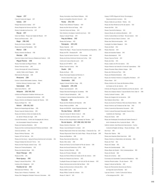 GUIA DOS MUSEUS BRASILEIROS ÍNDICE 
579 
Itaguaí 237 
Casa de Cultura de Itaguaí 237 
Itatiaia 237 
Parque Nacional do Itatiaia 237 
Museu Regional da Fauna e da Flora 237 
Museu Finlandês da Dona Eva 237 
Macaé 237 
Solar dos Mellos - Museu da Cidade de Macaé 237 
Museu da Motocicleta 237 
Magé 238, 545 
Museu de Armas e Brasões 238 
Museu de Guia de Pacobaíba 545 
Maricá 238 
Museu Histórico de Maricá 238 
Mendes 238 
Casa da Cultura José Francisco Madeira de Viveiros 238 
Miguel Pereira 238 
Museu Ferroviário de Miguel Pereira 238 
Museu Francisco Alves 238 
Centro Municipal de Cultura Professora 
Jandira Telles Leme Pragana 238 
Memorial do Município 238 
Miracema 238 
Centro Cultural Melchíades Cardoso - Museu 
Antônio Ventura Coimbra Lopes 238 
Natividade 239 
Solar Dona Palmira 239 
Nilópolis 239, 545, 552 
Instituto de Pesquisas e Análises Históricas e de 
Ciências Sociais da Baixada Fluminense 239 
Museu Histórico de Nilópolis Cláudio de Oliveira 545 
Museu da Beija-Flor 552 
Niterói 239-241, 553 
Museu de Arqueologia de Itaipu 239 
Museu Casa de Oliveira Vianna 239 
Museu de História e Artes do Estado do Rio 
de Janeiro (Museu do Ingá) 239 
Casa da Descoberta - Centro de Divulgação de Ciência 
da Universidade Federal Fluminense 240 
Museu da Imprensa Brasileira 240 
Museu de Arte Contemporânea da Prefeitura de Niterói 240 
Solar do Jambeiro 241 
Museu Antônio Parreiras 241 
Espaço UFF de Ciências 241 
Museu de Arte Sacra - Igreja de Nossa Senhora da Conceição 241 
Parque Estadual da Serra da Tiririca 241 
Museu de Arte Popular Janete Costa 553 
Museu do Cinema Brasileiro 553 
Museu da Indústria Naval 553 
Nova Friburgo 241 
Museu do Mel 241 
Nova Iguaçu 242 
Espaço Cultural Anna Mixo 242 
Instituto Afro Odegbomi 242 
Paraíba do Sul 242 
Memorial dos Prefeitos 242 
Museu Sacro Histórico Tiradentes 242 
Museu Anti-Tabagismo Senador Francisco Dornelles 242 
Museu Ferroviário José Pereira Palhares 242 
Museu Iconográfico Nicolino Visconti 242 
Paraty 243, 545 
Museu Forte Defensor Perpétuo 243 
Museu de Arte Sacra de Paraty 243 
Casa da Cultura de Paraty 243 
Sítio Histórico-Ecológico Caminho do Ouro 545 
Espaço Cultural Paraty 545 
Paty do Alferes 243 
Museu da Cachaça 243 
Petrópolis 243-245 
Museu Imperial 243 
Palácio Rio Negro - Museu Casa dos Presidentes da República 244 
Museu da FEB - Petrópolis/RJ 244 
Museu Casa de Santos Dumont - A Encantada 244 
Museu de Armas Históricas Ferreira da Cunha 244 
Centro de Cultura Raul de Leoni 245 
Museu do 32º BIMTZ 245 
Museu Casa do Colono 245 
Quatis 245 
Museu da Roça 245 
Museu Municipal Estação da Memória: A 
História Desse Meu Lugar 245 
Queimados 245 
Espaço Cultural Antônio Fraga 245 
Quissamã 245-246 
Museu Casa Quissamã 245 
Parque Nacional Restinga de Jurubatiba 246 
Centro Cultural Sobradinho 246 
Complexo Cultural Fazenda Machadinha 246 
Resende 246 
Museu de Arte Moderna de Resende 246 
Museu Militar da AMAN 246 
Museu da ANVFEB - Seção Regional Resende 246 
Rio das Ostras 246-247 
Casa da Cultura Dr. Bento Costa Jr. 246 
Museu Ferroviário de Rocha Leão 247 
Museu de Sítio Arqueológico Sambaqui da Tarioba 247 
Rio de Janeiro 247-268, 545, 553-554 
Museu Histórico Nacional 247 
Museu Casa de Benjamin Constant 247 
Museus Raymundo Ottoni de Castro Maya - Chácara do Céu 247 
Museus Raymundo Ottoni de Castro Maya - Museu do Açude 248 
Museu da República 248 
Museu Nacional de Belas Artes 248 
Museu Villa-Lobos 248 
Museu da Polícia Civil do Estado do Rio de Janeiro 248 
Museu da Escola Politécnica / UFRJ 249 
Museu Carmen Miranda 249 
Museu do Primeiro Reinado 249 
Museu da Polícia Militar do Estado do Rio de Janeiro 249 
Museu do Desporto do Exército 250 
Fundação Museu da Imagem e do Som do Rio de Janeiro 250 
Museu Internacional de Arte Naïf do Brasil 250 
Museu de Astronomia e Ciências Afins 250 
Museu Salles Cunha 251 
Museu Militar Conde de Linhares 251 
Museu D. João VI 251 
Espaço COPPE Miguel de Simoni Tecnologia e 
Desenvolvimento Humano 251 
Museu Inaldo de Lyra Neves - Manta 251 
Museu de Arte Moderna do Rio de Janeiro 252 
Museu da Vida 252 
Museu Casa de Rui Barbosa 252 
Arquivo Museu de Literatura Brasileira 252 
Centro Cultural Banco do Brasil - Rio de Janeiro 252 
Museu de Folclore Edison Carneiro 253 
Museu das Telecomunicações 253 
Fundação Eva Klabin Rapaport 254 
Museu da Maré 254 
Museu Nacional 254 
Museu da Fazenda Federal 254 
Museu Aeroespacial 254 
Museu Casa do Pontal 255 
Museu do Índio 255 
Museu Judaico do Rio de Janeiro 255 
Museu Histórico do Exército e Forte de Copacabana 256 
Museu Provedor Mauro Ribeiro Viegas 256 
Museu de Ciências da Terra 256 
Museu da Pediatria Brasileira 256 
Museu do Instituto Histórico e Geográfico Brasileiro 257 
Museu Naval 257 
Museu Histórico do Corpo de Bombeiros Militar 
do Estado do Rio de Janeiro 257 
Instituto de Pesquisas Jardim Botânico do Rio de Janeiro 257 
Museu da Limpeza Urbana / Casa de Banho Dom João VI 258 
Centro Cultural Correios 258 
Museu de Imagens do Inconsciente 258 
Sítio Roberto Burle Marx 258 
Museu da Química Professor Athos da Silveira Ramos 258 
Museu Histórico da Fortaleza de São João 259 
Centro Cultural do Movimento Escoteiro 259 
Centro Cultural Municipal Oduvaldo Vianna Filho - 
Castelinho do Flamengo 259 
Museu de Favela 259 
Museu de Sinalização Ferroviária da Cabine Número 3 
da Ex-Estrada de Ferro Central do Brasil 260 
Grêmio Literário José Moura de Vasconcelos - Centro 
Cultural da Região de Bangu - Museu de Bangu 260 
Ilha Fiscal 260 
Museu dos Teatros 260 
Museu dos Esportes Mané Garrincha 260 
Museu Histórico e Diplomático do Itamaraty 260 
Museu do Trem 261 
Museu da Cidade 261 
Museu da Geodiversidade 262 
Museu Bispo do Rosário - Arte Contemporânea 262 
Museu do Bonde 262 
Museu do Universo 262 
Ecomuseu do Quarteirão Cultural do Matadouro 262 
Instituto Moreira Salles - Rio de Janeiro 262 
Espaço Cultural da Marinha 262 
Museu do Monumento Nacional aos Mortos 
da Segunda Guerra Mundial 263 
Casa da Ciência - Centro Cultural de Ciência 
e Tecnologia da UFRJ 263 
 