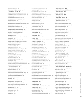 GUIA DOS MUSEUS BRASILEIROS ÍNDICE 
583 
Museu Histórico Farroupilha 432 
Museu Histórico Municipal Barbosa Lessa 432 
Porto Alegre 432-443, 546 
Museu de Topografia Professor Laureano Ibrahim Chaffer 432 
Fundação Parque Histórico Marechal Manoel Luis Osório 432 
Museu de Geologia 433 
Museu da Rede Metodista de Educação IPA 433 
Memorial do Judiciário do Rio Grande do Sul 433 
Museu Julio de Castilhos 433 
Museu Militar do Comando Militar do Sul 433 
Memorial do Deutscher Hilfsverein ao Colégio Farroupilha 434 
Museu da Brigada Militar 434 
Museu Anchieta de Ciências Naturais 434 
Museu de Comunicação Social Hipólito José da Costa 434 
Museu de Porto Alegre Joaquim José Felizardo 434 
Museu Didático Dr. José Faibes Lubianca 435 
Memorial TCE - Tribunal de Contas do Estado 
do Rio Grande do Sul 435 
Memória Ipiranga 435 
Museu de História da Medicina do Rio Grande do Sul 435 
Museu do Motor 435 
Museu Nacional das Migrações Judaicas 435 
Museu de Ciências e Tecnologia da Pontifícia Universidade 
Católica do Rio Grande do Sul 436 
Museu de Paleontologia do Instituto de 
Geociências da UFRGS 436 
Museu Itinerante Memória Carris 436 
Museu do Sport Club Internacional - Ruy Tedesco 436 
Museu de Mineralogia e Petrologia Luiz Englert 437 
Museu de Arte do Rio Grande do Sul Ado Malagoli 437 
Museu do Trabalho 437 
Pinacotecas Ruben Berta e Aldo Locatelli - 
Equipe do Acervo Artístico 437 
Memorial Hermínio Bittencourt 438 
Memorial Serpro Regional Porto Alegre 438 
Museu da UFRGS 438 
Museu de Arte Contemporânea do Rio Grande do Sul 438 
Museu de Ciências Naturais da Fundação Zoobotânica do RS 438 
Museu Comunitário da Lomba do Pinheiro / 
Memorial da Família Remião 439 
Museu Irmão Joaquim Francisco do Livramento 439 
Museu Histórico Bispo Isac Aço 439 
Museu da Eletricidade do Rio Grande do Sul 439 
Museu Universitário de Arqueologia e Etnografia - UFRGS 439 
Associação da Imagem e do Som de Porto Alegre 440 
Espaço Memória Amarílio Vieira de Macedo 440 
Wonderland - Museu de Miniaturas 440 
Memória RBS 440 
Memorial da Câmara Municipal de Porto Alegre 440 
Museu Açoriano Sul - Rio Grandense 440 
Museu Antropológico do Rio Grande do Sul 440 
Instituto Histórico e Geográfico do Rio Grande do Sul 440 
Memória das Telecomunicações 441 
Memorial Acemista - ACM 441 
Memorial da Sociedade Ginástica 441 
de Porto Alegre - SOGIPA 441 
Museu Banrisul 441 
Museu da VARIG 441 
Museu de Ciências do Colégio Americano 441 
Museu do Som Regional 441 
Museu Previdenciário Flores da Cunha 441 
Museu do Seguro do Rio Grande do Sul 441 
Memorial do Ministério Público do Rio Grande do Sul 441 
Planetário Professor José Baptista Pereira 442 
Casa de Cultura Mário Quintana 442 
Memorial do Mercado 442 
Santander Cultural 442 
Espaço Cultural Correios 442 
Memorial do Rio Grande do Sul 442 
Pinacoteca Barão de Santo Ângelo - 
Instituto de Artes - UFRGS 442 
Fundação Iberê Camargo 442 
Acervo Cultural do Hospital Moinhos de Vento 443 
Centro de História Oral 546 
Porto Lucena 443 
Museu Público Municipal 443 
Porto Mauá 443 
Museu Municipal do Imigrante 443 
Quaraí 443 
Museu Militar do 5º Regimento de Cavalaria Mecanizado 443 
Quinze de Novembro 443 
Museu Municipal Passo do Lagoão 443 
Museu Municipal Prof. Alfredo Drake 443 
Museu de Ciências Naturais 443 
Museu Municipal Padre Paulo Bortolini 443 
Museu Municipal de Quinze de Novembro 443 
Rio Grande 443-446, 558 
Memorial Johannes Christian Moritz Minnemann 443 
Ecomuseu da Picada 444 
Museu da Comunicação Rodolfo Martensen 444 
Fototeca Municipal Ricardo Giovannini 444 
Pinacoteca Municipal Matteo Tonielli 444 
Museu da Natureza (Colégio Santa Joana d’Arc) 444 
Núcleo de Memórias Eng. Francisco Martins Bastos 445 
Museu Naval de Rio Grande 445 
Museu da Cidade do Rio Grande 445 
Museu Oceanográfico Prof. Eliézer de Carvalho Rios 445 
Museu Antártico - FURG 445 
Eco-Museu da Ilha da Pólvora - FURG 445 
Museu do Porto 446 
Centro Municipal de Cultura Inah Emil Martensen 446 
Museu do Homem e da Técnica 558 
Rio Pardo 446 
Centro Regional de Cultura Rio Pardo - Memorial do Exército 446 
Museu de Arte Sacra 446 
Museu Histórico Municipal Barão de Santo Ângelo 446 
Museu Zoológico Municipal 446 
Rodeio Bonito 447 
Museu Municipal 447 
Roque Gonzales 447 
Museu Histórico Municipal Irene Zuchetto Ramos 447 
Rosário do Sul 447 
Museu Municipal General Honório Lemes 447 
Museu Particular Cultural 447 
Salvador das Missões 447 
Museu Histórico Municipal de Salvador das Missões 447 
Santa Bárbara do Sul 447 
Museu e Arquivo Histórico de Santa Bárbara do Sul 447 
Santa Clara do Sul 447 
Memorial Santaclarense 447 
Santa Cruz do Sul 448 
Museu Colégio Mauá 448 
Santa Maria 448-451, 546 
Museu Interativo de Astronomia Prof. Raquel 
M. Rocha Bandeira de Mello 448 
Museu Educativo Gama d’Eça 448 
Museu do Instituto Metodista Centenário 448 
Museu Treze de Maio - Museu Afro-Brasileiro 448 
Museu Ferroviário de Santa Maria 449 
Museu Memorial Mallet 449 
Museu de Artes de Santa Maria 449 
Museu de Artes Sacras - Paróquia Catedral 449 
Acervo Histórico do Instituto Estadual de 
Educação Olavo Bilac 449 
Centro Histórico Coronel Pillar 450 
Museu Vicente Pallotti 450 
Museu Histórico-Cultural das Irmãs Franciscanas 450 
Museu diácono João Luiz Pozzobon 450 
Memorial de Imigração e Cultura Japonesa 
do Rio Grande do Sul 450 
Memorial da Medianeira 450 
Casa de Memória Edmundo Cardoso 450 
Jardim Botânico da Universidade 451 
Federal de Santa Maria 451 
Núcleo Antártico - UFSM 451 
Museu Victor Bersani 546 
Santana do Livramento 452 
Museu de Artes da ASPES/URCAMP 452 
Museu Municipal David Canabarro 452 
Museu Folha Popular 452 
Santa Rosa 451 
Museu Municipal da Soja 451 
Museu e Biblioteca Marechal Castelo Branco 451 
Museu Municipal de Santa Rosa 451 
Memorial Casa da Xuxa 451 
Santa Vitória do Palmar 451-452, 546 
Museu Coronel Tancredo Fernandes de Mello 451 
Museu Mário M. Donato 452 
Museu de Arqueologia e Paleontologia de 
Santa Vitória do Palmar 546 
Santiago 452 
Museu Municipal Pedro Palmeiro 452 
Santo Ângelo 453 
Museu Municipal Dr. José Olavo Machado 453 
Memorial Coluna Prestes 453 
Museu Arqueológico da URI 453 
Museu Ferroviário 453 
Santo Antônio da Patrulha 453 
Museu Juca Maciel 453 
Fundação Museu Antropológico Caldas Junior 453 
Santo Antônio das Missões 453 
Museu Municipal Monsenhor Estanislau Wolski 453 
Santo Augusto 454 
Museu Público Municipal 454 
 