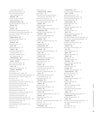 GUIA DOS MUSEUS BRASILEIROS ÍNDICE 
587 
Histórica de Bauru e Região 282 
Museu Histórico Municipal de Bauru 282 
Museu Ferroviário Regional Engº Cássio 
Augusto Szeligowski Vilaça 282 
Bebedouro 282 
Museu de Armas, Veículos e Máquinas 
Eduardo André Matarazzo 282 
Bernardino de Campos 282 
Museu Municipal de Bernardino de Campos 282 
Bertioga 283 
Forte São João 283 
Botucatu 283 
Museu de Arte Contemporânea Itajahy Martins 283 
Jardim Botânico do Instituto de Biociências de Botucatu 283 
Museu Histórico e Pedagógico Francisco Blasi 283 
Museu de Anatomia 283 
Bragança Paulista 283 
Museu Municipal Oswaldo Russomano 283 
Museu do Telefone 283 
Brodowski 284 
Museu Casa de Portinari 284 
Brotas 284 
Museu do Cotidiano de Brotas 284 
Caçapava 284 
Museu Histórico e Pedagógico Ministro 
José de Moura Resende 284 
Museu Ipiranga - 6º Batalhão de Infantaria 
Leve - Regimento Ipiranga 284 
Cachoeira Paulista 284 
Museu Histórico e Pedagógico Dr. Costa Júnior 284 
Cajamar 284-285 
Museu Municipal Casa da Memória 284 
Museu Itinerante Casa da Mémória 285 
Cajuru 555 
Memorial de Cajuru José Mariano Arena 555 
Campinas 285-288, 547 
Museu da Cidade 285 
Museu da Imagem e do Som - Campinas 285 
Museu de Arte Sacra da Irmandade do Santíssimo Sacramento 285 
Museu Universitário de Arte - UNICAMP / Campinas 285 
Museu do Café 285 
Museu do Negro de Campinas 286 
Museu Campos Salles - Centro de Ciências, Letras e Artes 286 
Museu Universitário da PUC-Campinas 286 
Museu Exploratório de Ciências da UNICAMP 286 
Museu de História Natural 287 
Museu Dinâmico de Ciências de Campinas 287 
Museu Arquidiocesano de Campinas 287 
Museu Carlos Gomes - Centro de Ciências, Letras e Artes 287 
Centro de Memórias da E.T.E. Bento Quirino 287 
Jardim Botânico do Instituto Agronômico 287 
Observatório Municipal de Campinas Jean Nicolini 288 
Museu de Arte Contemporânea de Campinas José Pancetti 288 
Museu da Sanasa - Torre do Castelo 288 
Instituto Cultural Babá Toloji 288 
Museu Odontológico Dr. Nelson de Souza Barros 288 
Museu do Índio 547 
Museu Histórico 547 
Museu do Folclore 547 
Campos do Jordão 288-289 
Casa da Xilogravura 288 
Acervo Artístico-Cultural dos Palácios do Governo do 
Estado de São Paulo - Palácio Boa Vista 288 
Museu da História, Imagem e Som 289 
Museu Felícia Leirner / Auditório Cláudio Santoro 289 
Parque Estadual de Campos do Jordão 289 
Cananéia 289 
Parque Estadual da Ilha do Cardoso 289 
Capivari 289 
Museu Histórico e Pedagógico Dr. Cesário Motta Jr. 289 
Caraguatatuba 289 
Museu de Arte e Cultura de Caraguatatuba 289 
Casa Branca 289 
Museu Histórico e Pedagógico Alfredo e Afonso 
de Taunay de Casa Branca 289 
Catanduva 290 
Museu Histórico e Pedagógico Pedro de Toledo 290 
Cedral 290 
Museu Municipal de Cedral 290 
Cerqueira César 290 
Museu Municipal de Cerqueira César 290 
Chavantes 290 
Museu Histórico de Chavantes Adibi Abdo do Rio 290 
Colina 290 
Museu Municipal de Colina 290 
Cravinhos 290 
Museu de História Natural de Cravinhos 290 
Cristais Paulista 291, 555 
Museu da Imagem e do Som 291 
Museu de Peças 555 
Cruzeiro 291 
Centro Interdisciplinar de Ciência - Escola Téc. 
Estadual Prof. José Sant’ana de Castro 291 
Centro Cultural Rotunda 291 
Museu Histórico e Pedagógico Major Novaes 291 
Cunha 291 
Museu Municipal Francisco Veloso (Centro de 
Cultura e Tradição de Cunha) 291 
Parque Estadual da Serra do Mar 291 
Descalvado 555 
Museu Público do Município de Descalvado 555 
Diadema 292 
Museu de Arte Popular 292 
Observatório Astronômico de Diadema 292 
Duartina 292 
Museu Histórico Municipal de Duartina 292 
Dumont 292 
Museu Histórico e Pedagógico Alberto Santos Dumont 292 
Eldorado 292 
Parque Estadual Caverna do Diabo 292 
Embu 293 
Museu do Índio - Centro de Informação da Cultura Indígena 293 
Memorial Sakai 293 
Museu de Arte Sacra dos Jesuítas 293 
Fernandópolis 293 
Museu Histórico Municipal de Fernandópolis 293 
Fernando Prestes 293 
Museu Histórico e Cultural José Pedrassoli 293 
Franca 293-294 
Laboratório das Artes de Franca 293 
Museu Histórico Municipal José Chiachiri 293 
Pinacoteca Municipal Miguel Ângelo Pucci 294 
Museu do Calçado de Franca 294 
Franco da Rocha 294 
Parque Estadual do Juquery 294 
Garça 294 
Museu Histórico e Pedagógico de Garça 294 
Getulina 294 
Museu Histórico de Getulina 294 
Guaíra 294 
Museu Municipal Maria Carolina Alves Lellis 294 
Guaratinguetá 294-295 
Museu Histórico Pedagógico Conselheiro Rodrigues Alves 294 
Museu Frei Galvão - Arquivo Memória de Guaratinguetá 295 
Guarulhos 295, 547 
Museu Histórico Municipal de Guarulhos 295 
Museu da Aeronáutica 547 
Holambra 295 
Museu Histórico e Cultural de Holambra 295 
Iepê 295 
Museu de Arqueologia de Iepê 295 
Iguape 295 
Museu de Arte Sacra de Iguape 295 
Ilhabela 295 
Aquário de Ilhabela 295 
Parque Estadual de Ilhabela 296 
Ilha Solteira 296 
Museu de Entomologia da FEIS/UNESP 296 
Indaiatuba 296 
Museu Casarão Pau Preto 296 
Iporanga 296 
Parque Estadual Turístico do Alto Ribeira 296 
Itapecerica da Serra 296 
Museu Histórico e da Memória 296 
Museu do Computador 296 
Itapetininga 297 
Memorial Júlio Prestes de Albuquerque 297 
Itapeva 297 
Museu Histórico de Itapeva 297 
Itapira 297 
Museu Histórico e Pedagógico Comendador 
Virgolino de Oliveira 297 
Museu Municipal de História Natural Hortêncio 
Pereira da Silva Júnior 297 
Itápolis 297 
Museu Histórico e Pedagógico Alexandre Gusmão 297 
Itaquaquecetuba 297 
Museu Municipal Ângelo Guglielmo 297 
Itatiba 297 
Museu Histórico Municipal Padre Francisco de Paula Lima 297 
Museu Histórico e Municipal de Itatiba 298 
Itu 298 
Museu da Energia de Itu 298 
Museu da Música - Itu 298 
 