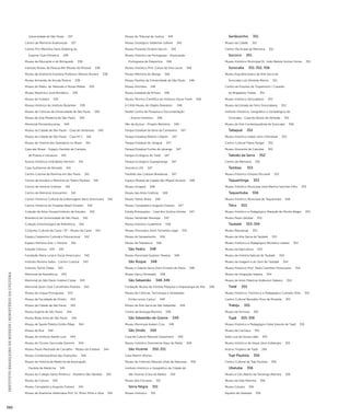 INSTITUTO BRASILEIRO DE MUSEUS | MINISTÉRIO DA CULTURA 590 
Universidade de São Paulo 337 
Centro de Memória Audiovisual 337 
Centro Pró-Memória Hans Nobiling do 
Esporte Club Pinheiros 338 
Museu da Educação e do Brinquedo 338 
Instituto Museu da Pessoa.Net (Museu da Pessoa) 338 
Museu de Anatomia Humana Professor Alfonso Bovero 338 
Museu Armando de Arruda Pereira 338 
Museu do Rádio, da Televisão e Novas Mídias 339 
Museu Maçônico José Bonifácio 339 
Museu do Futebol 339 
Museu Histórico do Instituto Butantan 339 
Museu de Ciências da Universidade de São Paulo 340 
Museu de Arte Moderna de São Paulo 340 
Memorial Pernambucanas 340 
Museu da Cidade de São Paulo - Casa do Sertanista 340 
Museu da Cidade de São Paulo - Casa Nº 1 341 
Museu de História dos Salesianos no Brasil 341 
Casa das Rosas - Espaço Haroldo de Campos 
de Poesia e Literatura 341 
Acervo Histórico Irmã Beata Heinrich 341 
Casa Guilherme de Almeida 341 
Centro Cultural da Marinha em São Paulo 341 
Centro de Estudos e Memória do Teatro Paulista 341 
Centro de História Unilever 341 
Centro de Memória Votorantim 341 
Centro Histórico Cultural da Enfermagem Ibero Americana 342 
Centro Histórico do Hospital Albert Einstein 342 
Coleção de Artes Visuais/Instituto de Estudos 342 
Brasileiros da Universidade de São Paulo 342 
Coleção Entomológica de Referência 342 
Conjunto Cultural da Caixa / SP - Museu da Caixa 342 
Espaço Catavento Cultural e Educacional 342 
Espaço Perfume Arte + História 342 
Estação Ciência - USP 342 
Fundação Maria Luisa e Oscar Americano 342 
Instituto Moreira Salles - Centro Cultural 343 
Instituto Tomie Otake 343 
Memorial da Resistência 343 
Memorial do São Paulo Futebol Clube 343 
Memorial Sport Club Corinthians Paulista 343 
Museu da Língua Portuguesa 343 
Museu da Faculdade de Direito 343 
Museu da Cidade de São Paulo 343 
Museu Espírita de São Paulo 344 
Museu Belas Artes de São Paulo 344 
Museu de Saúde Pública Emílio Ribas 344 
Museu de Rua 344 
Museu do Instituto Adolfo Lutz 344 
Museu do Óculos Gioconda Giannini 344 
Museu Paulo Machado de Carvalho - Museu do Futebol 344 
Museu Contemporâneo das Invenções 344 
Museu de História da Medicina da Associação 
Paulista de Medicina 345 
Museu do Colégio Santo Américo - Mosteiro São Geraldo 345 
Museu da Cultura 345 
Museu Ceroplástico Augusto Esteves 345 
Museu de Anatomia Veterinária Prof. Dr. Plínio Pinto e Silva 345 
Museu do Tribunal de Justiça 345 
Museu Geológico Valdemar Lefévre 345 
Museu Florestal Octávio Vecchi 345 
Museu Histórico da Portuguesa - Associação 
Portuguesa de Desportos 346 
Museu Histórico Prof. Carlos da Silva Lacaz 346 
Museu Memória do Bexiga 346 
Museu Paulista da Universidade de São Paulo 346 
Museu Anchieta 346 
Museu Estadual de Pintura 346 
Museu Técnico Científico do Instituto Oscar Freire 346 
A CASA Museu do Objeto Brasileiro 346 
Nestlé Centro de Pesquisa e Documentação 
- Acervo Histórico 346 
Pão de Açúcar - Projeto Memória 346 
Parque Estadual da Serra da Cantareira 347 
Parque Estadual Alberto Löfgren 347 
Parque Estadual do Jaraguá 347 
Parque Estadual Fontes do Ipiranga 347 
Parque Ecológico do Tietê 347 
Parque Ecológico Guarapiranga 347 
Vozoteca LEK 347 
Pavilhão das Culturas Brasileiras 347 
Espaço Museal da Capela São Miguel Arcanjo 348 
Museu Drogasil 348 
Museu das Artes Gráficas 348 
Museu Tattoo Brasil 348 
Museu Ceroplástico Augusto Esteves 547 
Estrela Brinquedos - Casa dos Sonhos Estrela 547 
Museu Santander Banespa 547 
Museu Histórico Sudameris 548 
Museu Diocesano Dom Fernando Legal 555 
Museu do Saneamento 556 
Museu da Tolerância 556 
São Pedro 348 
Museu Municipal Gustavo Teixeira 348 
São Roque 348 
Museu e Galeria Sacra Dom Ernesto de Paula 348 
Museu Darcy Penteado 348 
São Sebastião 348-349 
Fundação Museu de História Pesquisa e Arqueologia do Mar 348 
Museu de Ciências, Tecnologia e Variedades 
Emília Lence Carluci 349 
Museu de Arte Sacra de São Sebastião 349 
Centro de Biologia Marinha 349 
São Sebastião da Grama 349 
Museu Municipal Araken Cruz 349 
São Simão 349 
Casa de Cultura Marcelo Grassmann 349 
Museu Histórico Simonense Alaur da Matta 349 
São Vicente 350-351 
Casa Martim Afonso 
Museu de Ciências Naturais Jóias da Natureza 350 
Instituto Histórico e Geográfico da Cidade de 
São Vicente (Casa do Barão) 350 
Museu dos Escravos 351 
Serra Negra 351 
Museu Histórico 351 
Sertãozinho 351 
Museu da Cidade 351 
Centro Municipal de Memória 351 
Socorro 351 
Museu Histórico Municipal Dr. João Batista Gomes Ferraz 351 
Sorocaba 351-352, 556 
Museu Arquidiocesano de Arte Sacra de 
Sorocaba Luiz Almeida Marins 351 
Centro de Estudos do Tropeirismo / Casarão 
do Brigadeiro Tobias 351 
Museu Histórico Sorocabano 352 
Museu da Estrada de Ferro Sorocabana 352 
Instituto Histórico, Geográfico e Genealógico de 
Sorocaba - Casa de Aluísio de Almeida 352 
Museu de Arte Contemporânea de Sorocaba 556 
Tabapuã 352 
Museu Histórico Izabel Lerro Ortenblad 352 
Centro Cultural Flávio Rangel 352 
Museu Itinerante de Caixotes 352 
Taboão da Serra 352 
Centro de Memória 352 
Tambaú 353 
Museu Histórico Ernesto Ricciardi 353 
Taquaritinga 353 
Museu Histórico Municipal José Martins Sanches Filho 353 
Taquarituba 556 
Museu Histórico Municipal de Taquarituba 556 
Tatuí 353 
Museu Histórico e Pedagógico Marquês de Monte Alegre 353 
Museu Paulo Setúbal 353 
Taubaté 353-354 
Museu Mazzaropi 353 
Museu de Arte Sacra de Taubaté 353 
Museu Histórico e Pedagógico Monteiro Lobato 353 
Museu da Agricultura 353 
Museu de História Natural de Taubaté 354 
Museu da Imagem e do Som de Taubaté 354 
Museu Histórico Prof. Paulo Camilher Florençano 354 
Museu de Imigração Italiana 354 
Museu de Artes Plásticas Anderson Fabiano 354 
Tietê 355 
Museu Histórico, Folclórico e Pedagógico Cornélio Pires 355 
Centro Cultural Benedito Pires de Almeida 355 
Trabiju 355 
Museu da Ferrovia 355 
Tupã 355-356 
Museu Histórico e Pedagógico Índia Vanuíre de Tupã 355 
Museu da Cachaça 355 
Solar Luiz de Souza Leão 355 
Museu Histórico de Varpa Janis Erdberges 355 
Acervo Tropeiro de Tupã 356 
Tupi Paulista 356 
Centro Cultural de Tupi Paulista 356 
Ubatuba 356 
Museu a Céu Aberto da Tartaruga Marinha 356 
Museu da Vida Marinha 356 
Museu Caiçara 356 
Aquário de Ubatuba 356 
 