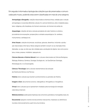 GUIA DOS MUSEUS BRASILEIROS 
19 
Em seguida é informada a tipologia das coleções que são preservadas e comuni-cadas 
pelo museu, podendo estas serem classificadas em mais de uma categoria: 
Antropologia e Etnografia: coleções relacionadas às diversas etnias, voltadas para o estudo 
antropológico e social das diferentes culturas. Ex: acervos folclóricos, artes e tradições popu-lares, 
indígenas, afro-brasileiras, do homem americano, do homem do sertão etc. 
Arqueologia: coleções de bens culturais portadores de valor histórico e artístico, 
procedentes de escavações, prospecções e achados arqueológicos. Ex: artefatos, 
monumentos, sambaquis etc. 
Artes Visuais: coleções de pinturas, esculturas, gravuras, desenhos, incluindo a produ-ção 
relacionada à Arte Sacra. Nesta categoria também incluem-se as chamadas Artes 
Aplicadas, ou seja, as artes que são voltadas para a produção de objetos, tais como porce-lana, 
cristais, prataria, mobiliário, tapeçaria etc. 
Ciências Naturais e História Natural: bens culturais relacionados às Ciências Biológicas 
(Biologia, Botânica, Genética, Zoologia, Ecologia etc.), às GeoCiências (Geologia, 
Mineralogia etc.) e à Oceanografia. 
Ciência e Tecnologia: bens culturais representativos da evolução 
da História da Ciência e da Técnica. 
História: bens culturais que ilustram acontecimentos ou períodos da História. 
Imagem e Som: documentos sonoros, videográficos, filmográficos e fotográficos. 
Virtual: bens culturais que se apresentam mediados pela tecnologia de interação 
cibernética (internet). 
Biblioteconômico: publicações impressas, tais como livros, periódicos, monografias, teses, etc. 
Documental: pequeno número de documentos manuscritos, impressos ou eletrônicos 
reunidos intencionalmente a partir de uma temática. 
 