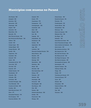 359 
Municípios com museus no Paraná 
Alto Paraná 360 
Amaporã 360 
Antonina 360 
Apucarana 360 
Arapongas 360 
Arapoti 360 
Araucária 361 
Balsa Nova 361 
Barracão 361 
Bela Vista do Paraíso 362 
Boa Ventura de São Roque 362 
Cafeara 362 
Cambé 362 
Campo Largo 363 
Campo Magro 363 
Campo Mourão 363 
Candói 364 
Capanema 364 
Carambeí 364 
Cascavel 365 
Castro 366 
Centenário do Sul 367 
Cerro Azul 367 
Céu Azul 367 
Cianorte 367 
Cidade Gaúcha 367 
Clevelândia 367 
Colombo 368 
Colorado 368 
Contenda 368 
Cornélio Procópio 368 
Cruz Machado 369 
Cruzeiro do Oeste 369 
Curitiba 369 
Entre Rios do Oeste 377 
Fênix 377 
Fernandes Pinheiro 378 
Foz do Iguaçu 378 
Francisco Beltrão 378 
Goioerê 378 
Guaíra 379 
Guaraniaçu 379 
Guarapuava 379 
Guaraqueçaba 380 
Guaratuba 380 
Ibaiti 380 
Ibiporã 380 
Irati 381 
Itaguajé 381 
Itaipulândia 381 
Itambaracá 381 
Ivatuba 381 
Jaguariaíva 381 
Lapa 382 
Londrina 383 
Marechal Cândido Rondon 384 
Maria Helena 384 
Marialva 385 
Marilena 385 
Maringá 385 
Marmeleiro 386 
Matinhos 386 
Missal 386 
Morretes 386 
Nova Santa Rosa 387 
Palmas 387 
Palmeira 387 
Palotina 388 
Paranaguá 388 
Paranavaí 389 
Pato Bragado 389 
Pato Branco 389 
Piên 389 
Pinhais 389 
Pinhal de São Bento 390 
Pinhão 390 
Piraí do Sul 390 
Pitanga 390 
Ponta Grossa 390 
Pontal do Paraná 391 
Porecatu 391 
Prudentópolis 391 
Quatro Barras 392 
Quitandinha 392 
Rebouças 392 
Reserva do Iguaçu 392 
Ribeirão Claro 392 
Rio Negro 392 
Rolândia 393 
Santa Maria do Oeste 393 
Santa Terezinha de Itaipu 393 
Santo Antônio do Sudoeste 393 
Santo Inácio 393 
São Jerônimo da Serra 394 
São Jorge do Ivaí 394 
São José dos Pinhais 394 
São Mateus do Sul 395 
São Miguel do Iguaçu 395 
São Pedro do Iguaçu 395 
Serranópolis do Iguaçu 395 
Sertanópolis 395 
Siqueira Campos 395 
Telêmaco Borba 396 
Tibagi 396 
Toledo 397 
Três Barras do Paraná 397 
Tunas do Paraná 397 
Turvo 397 
Ubiratã 398 
Umuarama 398 
União da Vitória 398 
Uniflor 398 
Uraí 399 
Virmond 399 
 