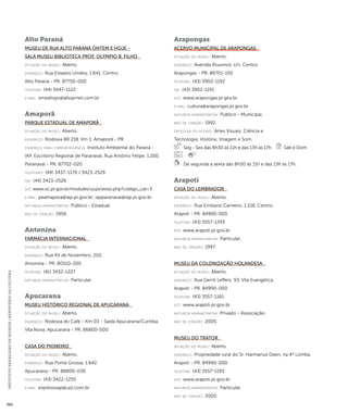 INSTITUTO BRASILEIRO DE MUSEUS | MINISTÉRIO DA CULTURA 360 
Alto Paraná 
Museu de Rua Alto Paraná Ontem e Hoje - 
Sala Museu Biblioteca Prof. Olympio B. Filho 
situação do museu: Aberto. 
endereço: Rua Estados Unidos, 1.641. Centro. 
Alto Paraná - PR. 87750-000 
telefone: (44) 3447-1122 
e-mai l: smealtopr@altoprnet.com.br 
Amaporã 
Parque Estadual de Amaporã 
situação do museu: Aberto. 
endereço: Rodovia BR 218, Km 1. Amaporã - PR. 
endereço para correspondênci a: Instituto Ambiental do Paraná - 
IAP. Escritório Regional de Paranavaí. Rua Antônio Felipe, 1.100. 
Paranavaí - PR. 87702-020 
telefones: (44) 3437-1170 / 3423-2526 
fax: (44) 3423-2526 
site: www.uc.pr.gov.br/modules/ucps/aviso.php?codigo_cat=3 
e-mai l: peamapora@iap.pr.gov.br; iapparanavai@iap.pr.gov.br 
natureza administrativa: Público - Estadual. 
ano de criação: 1956. 
Antonina 
Farmácia Internacional 
situação do museu: Aberto. 
endereço: Rua XV de Novembro, 202. 
Antonina - PR. 80510-200 
telefone: (41) 3432-1227 
natureza administrativa: Particular. 
Apucarana 
Museu Histórico Regional de Apucarana 
situação do museu: Aberto. 
endereço: Rodovia do Café - Km 03 - Saída Apucarana/Curitiba. 
Vila Nova. Apucarana - PR. 86800-000 
Casa do Pioneiro 
situação do museu: Aberto. 
endereço: Rua Ponta Grossa, 1.642. 
Apucarana - PR. 86800-030 
telefone: (43) 3422-1255 
e-mai l: expressoap@uol.com.br 
Arapongas 
Acervo Municipal de Arapongas 
situação do museu: Aberto. 
endereço: Avenida Rouxinol, s/n. Centro. 
Arapongas - PR. 86701-150 
telefone: (43) 3902-1192 
fax: (43) 3902-1191 
site: www.arapongas.pr.gov.br 
e-mai l: cultura@arapongas.pr.gov.br 
natureza administrativa: Público - Municipal. 
ano de criação: 1992. 
ti pologi a do acervo: Artes Visuais; Ciência e 
Tecnologia; História; Imagem e Som. 
Seg - Sex das 8h30 às 11h e das 13h às 17h Sáb e Dom 
De segunda a sexta das 8h30 às 11h e das 13h às 17h. 
Arapoti 
Casa do Lembrador 
situação do museu: Aberto. 
endereço: Rua Emiliano Carneiro, 1.216. Centro. 
Arapoti - PR. 84990-000 
telefone: (43) 3557-1293 
site: www.arapoti.pr.gov.br 
natureza administrativa: Particular. 
ano de criação: 1997. 
Museu da Colonização Holandesa 
situação do museu: Aberto. 
endereço: Rua Gerrit Leffers, 93. Vila Evangélica. 
Arapoti - PR. 84990-000 
telefone: (43) 3557-1161 
site: www.arapoti.pr.gov.br 
natureza administrativa: Privado - Associação. 
ano de criação: 2005. 
Museu do Trator 
situação do museu: Aberto. 
endereço: Propriedade rural do Sr. Harmanus Deen, na 4ª Lomba. 
Arapoti - PR. 84990-000 
telefone: (43) 3557-1193 
site: www.arapoti.pr.gov.br 
natureza administrativa: Particular. 
ano de criação: 2000. 
 