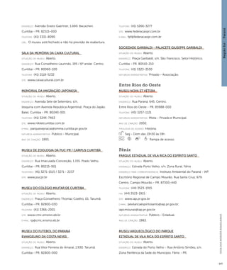 Região Sul : : Paraná 
GUIA DOS MUSEUS BRASILEIROS 
377 
endereço: Avenida Erasto Gaertner, 1.000. Bacacheri. 
Curitiba - PR. 82515-000 
telefone: (41) 3331-8090 
obs.: O museu está fechado e não há previsão de reabertura. 
Sala da Memória da Caixa Cultural 
situação do museu: Aberto. 
endereço: Rua Conselheiro Laurindo, 195 / 6º andar. Centro. 
Curitiba - PR. 80060-100 
telefone: (41) 2118-5232 
site: www.caixacultural.com.br 
Memorial da Imigração Japonesa 
situação do museu: Aberto. 
endereço: Avenida Sete de Setembro, s/n. 
(esquina com Avenida República Argentina). Praça do Japão. 
Batel. Curitiba - PR. 80240-001 
telefone: (41) 3244-7463 
site: www.nikkeicuritiba.com.br 
e-mai l: parquesepracas@smma.curitiba.pr.gov.br 
natureza administrativa: Público - Municipal. 
ano de criação: 1993. 
Museu de Zoologia da PUC-PR / Campus Curitiba 
situação do museu: Aberto. 
endereço: Rua Imaculada Conceição, 1.155. Prado Velho. 
Curitiba - PR. 80215-901 
telefones: (41) 3271-1515 / 3271 - 2237 
site: www.pucpr.br 
Museu do Colégio Militar de Curitiba 
situação do museu: Aberto. 
endereço: Praça Conselheiro Thomáz Coelho, 01. Tarumã. 
Curitiba - PR. 82800-030 
telefone: (41) 3366-2001 
site: www.cmc.emsino.eb.br 
e-mai l: rp@cmc.ensino.eb.br 
Museu do Futebol do Paraná 
Evangelino da Costa Neves 
situação do museu: Aberto. 
endereço: Rua Vitor Ferreira do Amaral, 1.930. Tarumã. 
Curitiba - PR. 82800-000 
telefone: (41) 3266-3277 
site: www.federacaopr.com.br 
e-mai l: fpf@federacaopr.com.br 
Sociedade Garibaldi - Palacete Giuseppe Garibaldi 
situação do museu: Aberto. 
endereço: Praça Garibaldi, s/n. São Francisco. Setor Histórico. 
Curitiba - PR. 80510-210 
telefone: (41) 3323-3530 
natureza administrativa: Privado - Associação. 
Entre Rios do Oeste 
Museu Nova Et Vétera 
situação do museu: Aberto. 
endereço: Rua Paraná, 645. Centro. 
Entre Rios do Oeste - PR. 85988-000 
telefone: (45) 3257-1121 
natureza administrativa: Mista - Privada e Municipal. 
ano de criação: 2002. 
ti pologi a do acervo: História. 
Seg - Dom das 13h30 às 19h 
Rampa de acesso. 
Fênix 
Parque Estadual de Vila Rica do Espírito Santo 
situação do museu: Aberto. 
endereço: Estrada Porto Velho, s/n. Zona Rural. Fênix 
endereço para correspondênci a: Instituto Ambiental do Paraná - IAP. 
Escritório Regional de Campo Mourão. Rua Santa Cruz, 679. 
Centro. Campo Mourão - PR. 87300-440 
telefone: (44) 3523-1915 
fax: (44) 3523-1915 
site: www.iap.pr.gov.br 
e-mai l: pevilaricaespiritosanto@iap.pr.gov.br; 
iapcmourao@iap.pr.gov.br 
natureza administrativa: Público - Estadual. 
ano de criação: 1983. 
Museu Arqueológico do Parque 
Estadual de Vila Rica do Espírito Santo 
situação do museu: Aberto. 
endereço: Estrada do Porto Velho - Rua Antônio Simões, s/n. 
Zona Periférica da Sede do Município. Fênix - PR. 
 