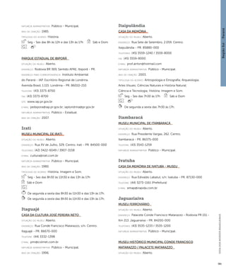 Região Sul : : Paraná 
GUIA DOS MUSEUS BRASILEIROS 
381 
natureza administrativa: Público - Municipal. 
ano de criação: 1985. 
ti pologi a do acervo: História. 
Seg - Sex das 8h às 12h e das 13h às 17h Sáb e Dom 
Parque Estadual de Ibiporã 
situação do museu: Aberto. 
endereço: Rodovia BR 369, Sentido APAE. Ibiporã - PR. 
endereço para correspondênci a: Instituto Ambiental 
do Paraná - IAP. Escritório Regional de Londrina. 
Avenida Brasil, 1.115. Londrina - PR. 86010-210 
telefone: (43) 3373-8700 
fax: (43) 3373-8700 
site: www.iap.pr.gov.br 
e-mai l: peibipora@iap.pr.gov.br; iaplondrina@pr.gov.br 
natureza administrativa: Público - Estadual. 
ano de criação: 2007. 
Irati 
Museu Municipal de Irati 
situação do museu: Aberto. 
endereço: Rua XV de Julho, 329. Centro. Irati - PR. 84500-000 
telefones: (42) 3422-6049 / 3907-3158 
e-mai l: cultura@irati.com.br 
natureza administrativa: Público - Municipal. 
ano de criação: 1980. 
ti pologi a do acervo: História; Imagem e Som. 
Seg - Sex das 8h30 às 11h30 e das 13h às 17h 
Sáb e Dom 
De segunda a sexta das 8h30 às 11h30 e das 13h às 17h. 
De segunda a sexta das 8h30 às 11h30 e das 13h às 17h. 
Itaguajé 
Casa da Cultura José Pereira Neto 
situação do museu: Aberto. 
endereço: Rua Conde Francisco Matarazzo, s/n. Centro. 
Itaguajé - PR. 86670-000 
telefone: (44) 3332-1398 
e-mai l: pmi@colmet.com.br 
natureza administrativa: Público - Municipal. 
ano de criação: 1996. 
Itaipulândia 
Casa da Memória 
situação do museu: Aberto. 
endereço: Rua Sete de Setembro, 2.059. Centro. 
Itaipulândia - PR. 85880-000 
telefones: (45) 3559-1240 / 3559-8000 
fax: (45) 3559-8000 
e-mai l: prof.airton@hotmail.com 
natureza administrativa: Público - Municipal. 
ano de criação: 2003. 
ti pologi a do acervo: Antropologia e Etnografia; Arqueologia; 
Artes Visuais; Ciências Naturais e História Natural; 
Ciência e Tecnologia; História; Imagem e Som. 
Seg - Sex das 7h30 às 17h Sáb e Dom 
De segunda a sexta das 7h30 às 17h. 
Itambaracá 
Museu Municipal de Itambaracá 
situação do museu: Aberto. 
endereço: Rua Presidente Vargas, 262. Centro. 
Itambaracá - PR. 86375-000 
telefone: (43) 3543-1259 
natureza administrativa: Público - Municipal. 
Ivatuba 
Casa da Memória de Ivatuba - Museu 
situação do museu: Aberto. 
endereço: Rua Edivaldo Labatut, s/n. Ivatuba - PR. 87130-000 
telefone: (44) 3273-1161 (Prefeitura) 
e-mai l: emap@irapida.com.br 
Jaguariaíva 
Museu Ferroviário 
situação do museu: Aberto. 
endereço: Palacete Conde Francisco Matarazzo - Rodovia PR 151 - 
Km 213. Jaguariaíva - PR. 84200-000 
telefones: (43) 3535-1233 / 3535-1200 
natureza administrativa: Público - Municipal. 
Museu Histórico Municipal Conde Francisco 
Matarazzo / Palacete Matarazzo 
situação do museu: Aberto. 
 
