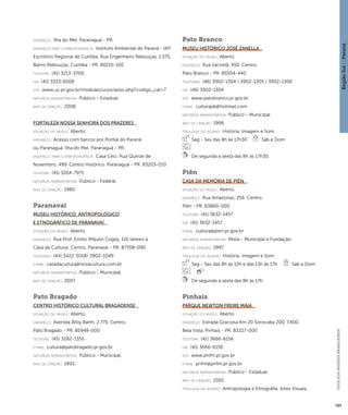Região Sul : : Paraná 
GUIA DOS MUSEUS BRASILEIROS 
389 
endereço: Ilha do Mel. Paranaguá - PR. 
endereço para correspondênci a: Instituto Ambiental do Paraná - IAP. 
Escritório Regional de Curitiba. Rua Engenheiro Rebouças, 1.375. 
Bairro Rebouças. Curitiba - PR. 80215-100 
telefone: (41) 3213-3700 
fax: (41) 3333-6508 
site: www.uc.pr.gov.br/modules/ucps/aviso.php?codigo_cat=7 
natureza administrativa: Público - Estadual. 
ano de criação: 2008. 
Fortaleza Nossa Senhora dos Prazeres 
situação do museu: Aberto. 
endereço: Acesso com barcos por Pontal do Paraná 
ou Paranaguá. Ilha do Mel. Paranaguá - PR. 
endereço para correspondênci a: Casa Ceci. Rua Quinze de 
Novembro, 499. Centro Histórico. Paranaguá - PR. 83203-010 
telefone: (41) 3264-7971 
natureza administrativa: Público - Federal. 
ano de criação: 1980. 
Paranavaí 
Museu Histórico, Antropológico 
e Etnográfico de Paranavaí 
situação do museu: Aberto. 
endereço: Rua Prof. Emílio Miljutin Cogey, 116 (anexo à 
Casa da Cultura). Centro. Paranavaí - PR. 87708-090 
telefones: (44) 3422-5018/ 3902-1049 
e-mai l: casadacultura@novacultura.com.br 
natureza administrativa: Público - Municipal. 
ano de criação: 2007. 
Pato Bragado 
Centro Histórico Cultural Bragadense 
situação do museu: Aberto. 
endereço: Avenida Willy Barth, 2.770. Centro. 
Pato Bragado - PR. 85948-000 
telefone: (45) 3282-1355 
e-mai l: cultura@patobragado.pr.gov.br 
natureza administrativa: Público - Municipal. 
ano de criação: 1993. 
Pato Branco 
Museu Histórico José Zanella 
situação do museu: Aberto. 
endereço: Rua Jaciretã, 450. Centro. 
Pato Branco - PR. 85504-440 
telefones: (46) 3902-1304 / 3902-1305 / 3902-1306 
fax: (46) 3902-1304 
site: www.patobranco.pr.gov.br 
e-mai l: culturapb@hotmail.com 
natureza administrativa: Público - Municipal. 
ano de criação: 1996. 
ti pologi a do acervo: História; Imagem e Som. 
Seg - Sex das 8h às 17h30 Sáb e Dom 
De segunda a sexta das 8h às 17h30. 
Piên 
Casa da Memória de Piên 
situação do museu: Aberto. 
endereço: Rua Amazonas, 256. Centro. 
Piên - PR. 83860-000 
telefone: (41) 3632-1457 
fax: (41) 3632-1457 
e-mai l: cultura@pien.pr.gov.br 
natureza administrativa: Mista - Municipal e Fundação. 
ano de criação: 1997. 
ti pologi a do acervo: História; Imagem e Som. 
Seg - Sex das 8h às 12h e das 13h às 17h Sáb e Dom 
De segunda a sexta das 8h às 17h. 
Pinhais 
Parque Newton Freire Maia 
situação do museu: Aberto. 
endereço: Estrada Graciosa Km 20 Sorocaba 200, 7.400. 
Bela Vista. Pinhais - PR. 83327-000 
telefone: (41) 3666-6156 
fax: (41) 3666-6156 
site: www.pnfm.pr.gov.br 
e-mai l: pnfm@pnfm.pr.gov.br 
natureza administrativa: Público - Estadual. 
ano de criação: 2001. 
ti pologi a do acervo: Antropologia e Etnografia; Artes Visuais; 
 