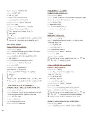 INSTITUTO BRASILEIRO DE MUSEUS | MINISTÉRIO DA CULTURA 396 
Siqueira Campos - PR. 84940-000 
telefone: (45) 3571-3177 
fax: (45) 3571-1122 
site: www.siqueiracampos.pr.gov.br 
e-mai l: cultura@prefeitura.brte.com.br 
natureza administrativa: Público - Municipal. 
ano de criação: 1992. 
ti pologi a do acervo: Antropologia e Etnografia; 
Artes Visuais; História; Imagem e Som. 
Seg - Sex das 8h às 11h e das 13h às 17h 
Sáb e Dom 
De segunda a sexta das 8h às 11h30 e das 13h às 17h30. 
De segunda a sexta das 8h às 11h e das 13h às 17h. 
Telêmaco Borba 
Museu Histórico Municipal 
situação do museu: Aberto. 
endereço: Avenida Chanceler Horácio Laffer, 1.200. Centro. 
Telêmaco Borba - PR. 84265-350 
telefones: (42) 3904-1577 / 3904-1526 / 3904-1576 
fax: (42) 3904-1577 
e-mai l: culturatelemacoborba@yahoo.com.br 
natureza administrativa: Público - Municipal. 
ano de criação: 1975. 
ti pologi a do acervo: Antropologia e 
Etnografia; Artes Visuais; História. 
Seg - Sex das 8h às 11h30 e das 13h às 17h30 
Sáb e Dom 
De segunda a sexta das 8h às 11h30 e das 13h às 17h30. 
De segunda a sexta das 8h às 11h30 e das 13h às 17h30. 
Centro de Interpretação da Natureza 
Frans Krajcberg / Parque Ecológico da Klabin 
situação do museu: Aberto. 
endereço: Estrada do Miranda (acesso pela Rodovia PR-160) - 
5 km do trevo de Harmonia. Telêmaco Borba - PR. 
telefone: (42) 3271-5385 
site: www.klabin.com.br 
e-mai l: ecologico@klabin.com.br 
natureza administrativa: Particular. 
Museu da Fauna e da Flora / 
Parque Ecológico da Klabin 
situação do museu: Aberto. 
endereço: Estrada do Miranda (acesso pela Rodovia PR-160) - 5 km 
do trevo de Harmonia. Telêmaco Borba - PR. 
telefone: (42) 3271-5385 
site: www.klabin.com.br 
e-mai l: ecologico@klabin.com.br 
natureza administrativa: Particular. 
Tibagi 
Museu Casa do Colono 
situação do museu: Aberto. 
endereço: Saída Estrada Caetano Mendes, s/n. Passo do Risset. 
Tibagi - PR. 84300-000 
telefone: (42) 3916-2191 
site: www.tibagi.pr.gov.br 
e-mai l: museu@tibagi.pr.gov.br 
natureza administrativa: Público - Municipal. 
ano de criação: 2003. 
ti pologi a do acervo: História. 
Ter - Sex das 9h às 17h30, Sáb e Dom das 9h às 17h Seg 
Rampa de acesso. 
Museu Histórico Desembargador 
Edmundo Mercer Júnior 
situação do museu: Aberto. 
endereço: Praça Edmundo Mercer, 52. Centro. 
Tibagi - PR. 84300-000 
telefone: (42) 3916-2189 
site: www.tibagi.pr.gov.br 
e-mai l: museu@tibagi.pr.gov.br 
natureza administrativa: Público - Municipal. 
ano de criação: 1986. 
ti pologi a do acervo: Arqueologia; Artes Visuais; Ciências 
Naturais e História Natural; História; Imagem e Som. 
Ter - Sex das 8h às 17h30, Sáb e Dom das 9h às 17h Seg 
Vagas exclusivas no estacionamento. 
De terça a sexta das 8h às 11h30 e das 13h às 17h30. 
Recanto Paleontológico Prof. Olavo Soares 
situação do museu: Aberto. 
endereço: Itaytyba Ecoturismo - CP 100 - Rodovia BR 153 - 
 