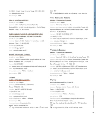 Região Sul : : Paraná 
GUIA DOS MUSEUS BRASILEIROS 
397 
Km 184,4 - Estrada Tibagi-Ventania. Tibagi - PR. 84300-000 
site: www.itaytyba.com.br 
ano de criação: 2003. 
Casa de Memórias Nhá Tota 
situação do museu: Aberto. 
endereço: Aldeia dos Pioneiros Fazenda Ponte Alta - 
Rodovia BR 153 Km 186 - Acesso Secundário - Trecho Tibagi- 
Ventania. Tibagi - PR. 84300-000 
Museu Fazenda Parque Vô Ivo / Fazenda Stª Lídia 
do Cercadinho / Parque Itaytyba Ecoturismo 
situação do museu: Aberto. 
endereço: Rodovia BR-153 - Rodovia Transbrasiliana, km 185. 
Ventania. Tibagi - PR. 84300-000 
telefone: (42) 3916-2189 
site: www.tibagi.pr.gov.br 
e-mai l: museu@tibagi.pr.gov.br 
Parque Estadual do Guartelá 
situação do museu: Aberto. 
endereço: Rodovia Estadual PR 340, Km 42. Guartelá de Cima. 
Tibagi - PR. 84300-000. Caixa Postal: 42 
telefone: (42) 3275-2269 
site: www.uc.pr.gov.br/modules/ucps/aviso.php?codigo_cat=1 
e-mai l: peguartela@iap.pr.gov.br 
natureza administrativa: Público - Estadual. 
ano de criação: 1996. 
Toledo 
Museu Histórico Willy Barth 
situação do museu: Aberto. 
endereço: Avenida Tiradentes, 1.165. Centro. 
Toledo - PR. 85900-230 
telefones: (45) 3277-3590 / 3252-6445 
fax: (45) 3252-2135 
site: www.toledo.pr.gov.br 
e-mai l: museu@toledo.pr.gov.br 
natureza administrativa: Público - Municipal. 
ano de criação: 1976. 
ti pologi a do acervo: Arqueologia; Artes 
Visuais; História; Imagem e Som. 
Seg - Sex das 8h às 11h45 e das 13h30 às 17h30 Sáb e Dom 
De segunda a sexta das 8h às 11h45 e das 13h30 às 17h30. 
Três Barras do Paraná 
Parque Estadual Rio Guarani 
situação do museu: Aberto. 
endereço: Três Barras do Paraná - PR. 
endereço para correspondênci a: Instituto Ambiental do Paraná - IAP. 
Escritório Regional de Cascavel. Rua Mato Grosso, 2.481. Centro. 
Cascavel - PR. 85812-020 
telefones: (45) 3222-4575 / 3222-1072 
fax: (45) 3223-3702 
site: www.uc.pr.gov.br/modules/ucps/aviso.php?codigo_cat=11 
e-mai l: iapcascavel@pr.gov.br 
natureza administrativa: Público - Estadual. 
ano de criação: 2000. 
Tunas do Paraná 
Parque Estadual de Campinhos 
situação do museu: Aberto. 
endereço: Rodovia BR 476, Km 67. Zona Rural. Tunas do Paraná - PR. 
endereço para correspondênci a: Instituto Ambiental do Paraná - IAP. 
Escritório Regional de Curitiba. Rua Engenheiro Rebouças, 1.375. 
Bairro Rebouças. Curitiba - PR. 80215-100 
telefones: (41) 3659-1428 (Parque) / 3213-3407 (Agendamento) 
site: www.uc.pr.gov.br/modules/ucps/aviso.php?codigo_cat=4 
e-mai l: pecampinhos@iap.pr.gov.br 
natureza administrativa: Público - Estadual. 
ano de criação: 1960. 
Turvo 
Museu Municipal Adolfo Eurich 
situação do museu: Aberto. 
endereço: Rua José Antunes Moreira, 580. Centro. 
Turvo - PR. 85150-000 
telefone: (42) 3642-1752 
natureza administrativa: Público - Municipal. 
ano de criação: 1993. 
ti pologi a do acervo: Antropologia e Etnografia; Arqueologia; 
Artes Visuais; História; Imagem e Som. 
Seg - Sex das 8h às 12h e das 13h às 17h Sáb e Dom 
De segunda a sexta das 8h às 12h e das 13h às 17h. 
 
