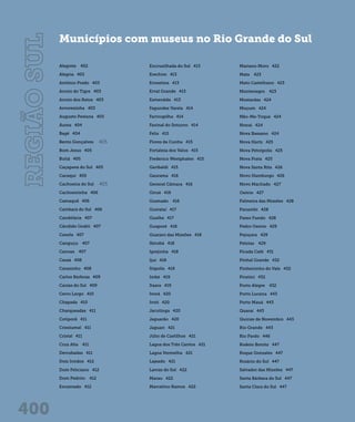 400 
Municípios com museus no Rio Grande do Sul 
Alegrete 402 
Alegria 403 
Antônio Prado 403 
Arroio do Tigre 403 
Arroio dos Ratos 403 
Arvorezinha 403 
Augusto Pestana 403 
Áurea 404 
Bagé 404 
Bento Gonçalves 405 
Bom Jesus 405 
Butiá 405 
Caçapava do Sul 405 
Cacequi 405 
Cachoeira do Sul 405 
Cachoeirinha 406 
Camaquã 406 
Cambará do Sul 406 
Candelária 407 
Cândido Godói 407 
Canela 407 
Canguçu 407 
Canoas 407 
Caraá 408 
Carazinho 408 
Carlos Barbosa 409 
Caxias do Sul 409 
Cerro Largo 410 
Chapada 410 
Charqueadas 411 
Cotiporã 411 
Crissiumal 411 
Cristal 411 
Cruz Alta 411 
Derrubadas 411 
Dois Irmãos 412 
Dom Feliciano 412 
Dom Pedrito 412 
Encantado 412 
Encruzilhada do Sul 413 
Erechim 413 
Ernestina 413 
Erval Grande 413 
Esmeralda 413 
Fagundes Varela 414 
Farroupilha 414 
Faxinal do Soturno 414 
Feliz 415 
Flores da Cunha 415 
Fortaleza dos Valos 415 
Frederico Westphalen 415 
Garibaldi 415 
Gaurama 416 
General Câmara 416 
Giruá 416 
Gramado 416 
Gravataí 417 
Guaíba 417 
Guaporé 418 
Guarani das Missões 418 
Ibirubá 418 
Igrejinha 418 
Ijuí 418 
Ilópolis 419 
Imbé 419 
Itaara 419 
Ivorá 420 
Ivoti 420 
Jacutinga 420 
Jaguarão 420 
Jaguari 421 
Júlio de Castilhos 421 
Lagoa dos Três Cantos 421 
Lagoa Vermelha 421 
Lajeado 421 
Lavras do Sul 422 
Marau 422 
Marcelino Ramos 422 
Mariano Moro 422 
Mata 423 
Mato Castelhano 423 
Montenegro 423 
Mostardas 424 
Muçum 424 
Não-Me-Toque 424 
Nonai 424 
Nova Bassano 424 
Nova Hartz 425 
Nova Petrópolis 425 
Nova Prata 425 
Nova Santa Rita 426 
Novo Hamburgo 426 
Novo Machado 427 
Osório 427 
Palmeira das Missões 428 
Panambi 428 
Passo Fundo 428 
Pedro Osório 429 
Pejuçara 429 
Pelotas 429 
Picada Café 431 
Pinhal Grande 432 
Pinheirinho do Vale 432 
Piratini 432 
Porto Alegre 432 
Porto Lucena 443 
Porto Mauá 443 
Quaraí 443 
Quinze de Novembro 443 
Rio Grande 443 
Rio Pardo 446 
Rodeio Bonito 447 
Roque Gonzales 447 
Rosário do Sul 447 
Salvador das Missões 447 
Santa Bárbara do Sul 447 
Santa Clara do Sul 447 
 