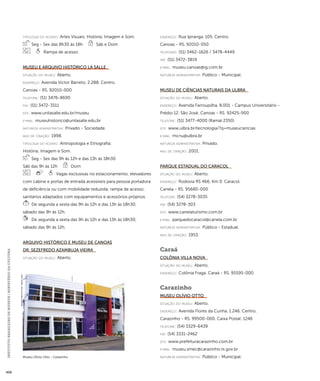 INSTITUTO BRASILEIRO DE MUSEUS | MINISTÉRIO DA CULTURA 408 
ti pologi a do acervo: Artes Visuais; História; Imagem e Som. 
Seg - Sex das 8h30 às 18h Sáb e Dom 
Rampa de acesso. 
Museu e Arquivo Histórico La Salle 
situação do museu: Aberto. 
endereço: Avenida Victor Barreto, 2.288. Centro. 
Canoas - RS. 92010-000 
telefone: (51) 3476-8690 
fax: (51) 3472-3511 
site: www.unilasalle.edu.br/museu 
e-mai l: museuhistorico@unilasalle.edu.br 
natureza administrativa: Privado - Sociedade. 
ano de criação: 1998. 
ti pologi a do acervo: Antropologia e Etnografia; 
História; Imagem e Som. 
Seg - Sex das 9h às 12h e das 13h às 18h30 
Sáb das 9h às 12h Dom 
Vagas exclusivas no estacionamento; elevadores 
com cabine e portas de entrada acessíveis para pessoa portadora 
de deficiência ou com mobilidade reduzida; rampa de acesso; 
sanitários adaptados com equipamentos e acessórios próprios. 
De segunda a sexta das 9h às 12h e das 13h às 18h30; 
sábado das 9h às 12h. 
De segunda a sexta das 9h às 12h e das 13h às 18h30; 
sábado das 9h às 12h. 
Arquivo Histórico e Museu de Canoas 
Dr. Sezefredo Azambuja Vieira 
situação do museu: Aberto. 
endereço: Rua Ipiranga, 105. Centro. 
Canoas - RS. 92010-050 
telefones: (51) 3462-1626 / 3478-4449 
fax: (51) 3472-3819 
e-mai l: museu.canoas@ig.com.br 
natureza administrativa: Público - Municipal. 
Museu de Ciências Naturais da ULBRA 
situação do museu: Aberto. 
endereço: Avenida Farroupilha, 8.001 - Campus Universitário - 
Prédio 12. São José. Canoas - RS. 92425-900 
telefone: (51) 3477-4000 (Ramal 2350) 
site: www.ulbra.br/tecnologia/?q=museuciencias 
e-mai l: mcnu@ulbra.br 
natureza administrativa: Privado. 
ano de criação: 2001. 
Parque Estadual do Caracol 
situação do museu: Aberto. 
endereço: Rodovia RS 466, Km 0. Caracol. 
Canela - RS. 95680-000 
telefone: (54) 3278-3035 
fax: (54) 3278-303 
site: www.canelaturismo.com.br 
e-mai l: parquedocaracol@canela.com.br 
natureza administrativa: Público - Estadual. 
ano de criação: 1953. 
Caraá 
Colônia Villa Nova 
situação do museu: Aberto. 
endereço: Colônia Fraga. Caraá - RS. 95595-000 
Carazinho 
Museu Olívio Otto 
situação do museu: Aberto. 
endereço: Avenida Flores da Cunha, 1.246. Centro. 
Carazinho - RS. 99500-000. Caixa Postal: 1246 
telefone: (54) 3329-6439 
fax: (54) 3331-2462 
site: www.prefeituracarazinho.com.br 
e-mai l: museu.smec@carazinho.rs.gov.br 
natureza Museu Olívio Otto - Carazinho administrativa: Público - Municipal. 
Imagem cedida ao CNM - IBRAM / MINC 
 