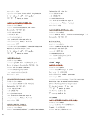 INSTITUTO BRASILEIRO DE MUSEUS | MINISTÉRIO DA CULTURA 410 
ano de criação: 1974. 
ti pologi a do acervo: Artes Visuais; História; Imagem e Som. 
Ter - Sáb das 9h às 17h Seg e Dom 
Rampa de acesso. 
Museu Municipal de Caxias do Sul 
situação do museu: Aberto. 
endereço: Rua Visconde de Pelotas, 586. Centro. 
Caxias do Sul - RS. 95020-180 
telefone: (54) 3221-2423 
fax: (54) 3221-2423 
site: www.caxias.rs.gov.br 
e-mai l: museumunicipal@caxias.rs.gov.br 
natureza administrativa: Público - Municipal. 
ano de criação: 1947. 
ti pologi a do acervo: Antropologia e Etnografia; Arqueologia; 
Artes Visuais; História; Imagem e Som. 
Ter - Sáb das 9h às 17h Seg e Dom 
Rampa de acesso. 
Museu Casa Zinani 
situação do museu: Aberto. 
endereço: Capela São Pedro e São Paulo, 3° Légua. 
Distrito de Galópolis. Caxias do Sul - RS. 95095-232 
telefones: (54) 3026-8356 / 9948-6267 
site: www.estradaimigrante.com.br 
e-mai l: casaszinani@zipmail.com.br 
ano de criação: 1915. 
Monumento Nacional ao Imigrante 
situação do museu: Aberto. 
endereço: Rodovia BR 116, Km 150. Petrópolis. 
Caxias do Sul - RS. 95070-070 
telefone: (54) 3221-2423 
fax: (54) 3221-2423 
site: www.caxias.rs.gov.br 
e-mai l: museumunicipal@caxias.rs.gov.br 
natureza administrativa: Público - Municipal. 
ano de criação: 1953. 
Memorial Atelier Zambelli 
situação do museu: Aberto. 
endereço: Rua Ludovico Cavinatto, 1.431. Parque dos Vinhedos. 
Caxias do Sul - RS. 95032-620 
telefone: (54) 3221-2423 
fax: (54) 3221-2423 
site: www.caxias.rs.gov.br 
e-mai l: museumunicipal@caxias.rs.gov.br 
natureza administrativa: Público - Municipal. 
ano de criação: 2004. 
Museu de Ciências Naturais - UCS 
situação do museu: Aberto. 
endereço: Prédio da Reitoria - Rua Francisco Getúlio Vargas, 1.130. 
Caxias do Sul - RS. 95001-970 
Museu São Brás 
situação do museu: Aberto. 
endereço: Estrada de São Brás. Ana Rech. 
Caxias do Sul - RS. 95034-240 
telefone: (54) 3207-5117 
site: www.anarech.org.br 
e-mai l: scopelsaobras@yahoo.com.br 
ano de criação: 1994. 
Cerro Largo 
Museu 25 de Julho 
situação do museu: Aberto. 
endereço: Rua da Anunciação, 33. Centro. 
Cerro Largo - RS. 97900-000 
natureza administrativa: Privado - Associação. 
ano de criação: 1972. 
ti pologi a do acervo: Antropologia e Etnografia; Arqueologia; 
Artes Visuais; Ciências Naturais e História Natural; 
Ciência e Tecnologia; História; Imagem e Som. 
Dom das 9h às 11h Seg - Sáb 
Rampa de acesso. 
Domingo das 9h às 11h. 
Domingo das 9h às 11h. 
Chapada 
Museu Histórico Municipal de Chapada 
situação do museu: Aberto. 
endereço: Rua Santos Dumont, 557. Centro. 
Chapada - RS. 99530-000 
telefones: (54) 3333-1166 / 3333-1219 
 