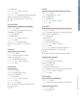 Região Sul : : Rio Grande do Sul 
GUIA DOS MUSEUS BRASILEIROS 
411 
fax: (54) 3333-1166 
natureza administrativa: Público - Municipal. 
ano de criação: 1982. 
ti pologi a do acervo: Antropologia e Etnografia; Arqueologia; 
Ciência e Tecnologia; História; Imagem e Som. 
Seg - Sex das 8h30 às 13h30 Sáb e Dom 
Charqueadas 
Museu de Artes e História de Charqueadas 
situação do museu: Aberto. 
endereço: Avenida Dr. José Athanasio, 460. Centro. 
Charqueadas - RS. 96745-000 
telefone: (51) 3958-8470 
fax: (51) 3958-8400 
natureza administrativa: Público - Municipal. 
ano de criação: 2008. 
ti pologi a do acervo: Artes Visuais; História. 
Seg - Sex das 12h às 18h Sáb e Dom 
Cotiporã 
Museu Histórico de Cotiporã 
situação do museu: Aberto. 
endereço: Rua Bento Gonçalves, 44. Centro. 
Cotiporã - RS. 95335-000 
telefones: (54) 3446-1521 / 3446-1376 
natureza administrativa: Público - Municipal. 
ano de criação: 1992. 
Crissiumal 
Sala da Cultura 
situação do museu: Aberto. 
endereço: Rua Caçapava, 546. Centro. 
Crissiumal - RS. 98640-000 
telefone: (55) 3524-1822 
natureza administrativa: Público - Municipal. 
ano de criação: 1983. 
ti pologi a do acervo: História. 
Ter - Sex das 7h30 às 11h30 e das 13h30 às 17h30 
Seg, Sáb e Dom 
Cristal 
Parque Histórico Gen. Bento Gonçalves da Silva 
situação do museu: Aberto. 
endereço: Rodovia BR 116 Sul - Km 423. 
Cristal - RS. 99195-000 
telefone: (51) 9989-7021 
natureza administrativa: Público - Estadual. 
ano de criação: 1972. 
Cruz Alta 
Museu Municipal e Arquivo Histórico de Cruz Alta 
situação do museu: Aberto. 
endereço: Rua Pinheiro Machado, s/n - Antiga Estação Férrea. 
Centro. Cruz Alta - RS. 90801-750 
telefone: (55) 3321-1411 
fax: (55) 3322-5152 
site: www.cruzalta.rs.gov.br 
e-mai l: mmahcruzalta@gmail.com 
natureza administrativa: Público - Municipal. 
ano de criação: 2000. 
ti pologi a do acervo: Artes Visuais; História; Imagem e Som. 
Seg - Sex das 8h30 às 17h Sáb e Dom 
De segunda a sexta das 9h às 11h e das 14h às 16h30. 
Fundação Érico Veríssimo 
situação do museu: Aberto. 
endereço: Rua General Osório, 380. Centro. 
Cruz Alta - RS. 98005-150 
telefone: (55) 3322-6448 
site: www.twitter.com/escritorerico 
e-mai l: smc.fev@gmail.com/museuericoverissimo@bol.com.br 
natureza administrativa: Público - Municipal. 
ano de criação: 1986. 
Derrubadas 
Museu Municipal de Derrubadas 
situação do museu: Aberto. 
endereço: Avenida Porto Alegre. Derrubadas - RS. 98528-970 
Parque Estadual do Turvo 
situação do museu: Aberto. 
endereço: Derrubadas - RS. 
 