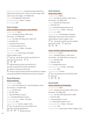 INSTITUTO BRASILEIRO DE MUSEUS | MINISTÉRIO DA CULTURA 412 
endereço para correspondênci a: Secretaria do Meio Ambiente do 
Estado do Rio Grande do Sul - SEMA. Rua Carlos Chagas, 55/9º 
andar. Centro. Porto Alegre - RS. 90030-020 
telefones: (51) 3288-8109 / 9644-6319 
natureza administrativa: Público - Estadual. 
ano de criação: 1947. 
Dois Irmãos 
Museu Histórico Municipal de Dois Irmãos 
situação do museu: Aberto. 
endereço: Avenida São Miguel, 1.658. Centro. 
Dois Irmãos - RS. 93950-000 
telefones: (51) 3564-1277 (Ramal 212) / 3564-7101 
fax: (51) 3564-1277 
site: www.doisirmaos.rs.gov.br 
e-mai l: pmdicultura@terra.com.br 
natureza administrativa: Público - Municipal. 
ano de criação: 1989. 
ti pologi a do acervo: Antropologia e Etnografia; 
História; Imagem e Som. 
Seg, Qua - Sex das 8h às 11h30 e das 13h30 às 17h 
Sáb e Dom das 14h às 18h Ter 
Segunda das 8h às 11h30 e das 13h30 às 17h; 
de quarta a sexta das 8h às 11h30 e das 13h30 às 
17h; sábado e domingo das 14h às 18h. 
De terça a sexta das 7h30 às 11h30 e das 13h30 às 17h; sábado 
e domingo das 13h30 às 17h30 (exceto em Janeiro e Fevereiro). 
Dom Feliciano 
Museu Municipal 
situação do museu: Aberto. 
endereço: Rua 7 de Setembro, 39 - Praça da República. Centro. 
Dom Feliciano - RS. 96190-000 
telefone: (51) 3677-1142 
fax: (51) 3677-1295 
site: www.domfeliciano.rs.gov.br 
e-mai l: cultura@domfeliciano.rs.gov.br 
natureza administrativa: Público - Municipal. 
ano de criação: 1993. 
ti pologi a do acervo: História; Imagem e Som. 
Seg - Sex das 8h30 às 12h e das 13h30 às 17h, 
Sáb e Dom mediante agendamento 
Rampa de acesso. 
Dom Pedrito 
Museu Paulo Firpo 
situação do museu: Aberto. 
endereço: Rua Júlio de Castilhos, 1.060. Centro. 
Dom Pedrito - RS. 96450-000 
telefone: (53) 3243-3177 (Ramal 217) 
fax: (53) 3243-3177 
e-mai l: museupaulofirpo@provesul.com.br 
natureza administrativa: Público - Municipal. 
ano de criação: 1968. 
ti pologi a do acervo: Antropologia e Etnografia; 
Arqueologia; Artes Visuais; Ciências Naturais e 
História Natural; História; Imagem e Som. 
Ter - Sex das 8h às 11h30 e das 13h às 16h30 
Sáb das 9h às 11h30 Seg e Dom 
Museu Histórico Irmã Melânia Mottoso 
situação do museu: Aberto. 
endereço: Avenida Rio Branco, 1.206. Centro. 
Dom Pedrito - RS. 96450-000. Caixa Postal: 43 
telefone: (53) 3243-1805 
fax: (53) 3243-1805 
e-mai l: horto@provesul.com.br 
natureza administrativa: Privado - Associação. 
ano de criação: 1984. 
ti pologi a do acervo: História. 
Seg - Sex das 8h às 11h e das 13h30 às 17h30 
Sáb e Dom 
Encantado 
Museu Municipal de Encantado 
situação do museu: Aberto. 
endereço: Avenida Júlio de Castilho, 1.448. Centro. 
Encantado - RS. 95960-000 
telefones: (51) 3751-3400 (Ramais 2107 e 2108) 
fax: (51) 3751-3050 
site: www.encantado-rs.com.br 
e-mai l: educacao@encantado-rs.com 
natureza administrativa: Público - Municipal. 
ano de criação: 1974. 
ti pologi a do acervo: Artes Visuais; História; Imagem e Som. 
 