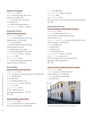 INSTITUTO BRASILEIRO DE MUSEUS | MINISTÉRIO DA CULTURA 414 
Memorial José Mendes 
situação do museu: Aberto. 
endereço: Avenida São João, 1.391. Centro. 
Esmeralda - RS. 95380-000 
telefones: (54) 3354-1222 / 3354-1231 
fax: (54) 3354-1222 
e-mai l: administracao@esmeraldars.net 
natureza administrativa: Público - Municipal. 
Fagundes Varela 
Museu Histórico Municipal 
situação do museu: Fechado. 
endereço: Avenida Alfredo Reali, 300. Centro. 
Fagundes Varela - RS. 95333-000 
telefone: (54) 3445-1066 
fax: (54) 3445-1066 (Secretaria de Educação 
Cultura, Desporto e Turismo) 
site: www.fagundesvarela-rs.com.br 
e-mai l: educacao@fagundesvarela-rs.com.br 
natureza administrativa: Público - Municipal. 
ano de criação: 1996. 
ti pologi a do acervo: História. 
obs.: O museu está fechado e a previsão de 
reabertura é para o final de 2011. 
Farroupilha 
Museu Municipal Casal Moschetti 
situação do museu: Aberto. 
endereço: Rua Barbosa, 49. Centro. Farroupilha - RS. 95180-000 
telefone: (54) 3261-6997 
fax: (54) 3268-1240 
e-mai l: secuda@farroupilha.rs.gov.br 
natureza administrativa: Público - Municipal. 
ano de criação: 1972. 
ti pologi a do acervo: História. 
Ter - Sáb das 10h às 16h, 
Dom mediante agendamento Seg 
Museu Municipal Casa de Pedra 
situação do museu: Aberto. 
endereço: Rua Domênico Fin, s/n (esquina Vêneto). 
Nova Vicenza. Farroupilha - RS. 95180-000 
telefone: (54) 3268-6914 
natureza administrativa: Público - Municipal. 
ano de criação: 1988. 
ti pologi a do acervo: História. 
Seg - Sex das 11h às 17h, Sáb e Dom mediante agendamento 
Faxinal do Soturno 
Museu Fotográfico Irmão Ademar da Rocha 
situação do museu: Aberto. 
endereço: Rua Alameda do Santuário, s/n. 
(junto ao prédio do antigo Seminário Palotino). 
Faxinal do Soturno - RS. 
endereço para correspondênci a: Rua Júlio de Castilhos, 609. Centro. 
Faxinal do Soturno - RS. 97220-000 
telefone: (55) 3263-3700 
fax: (55) 3263-3700 
site: www.faxinal.com 
e-mai l: turismo@faxinal.com 
natureza administrativa: Público - Municipal. 
ti pologi a do acervo: Imagem e Som. 
Seg - Sex das 8h às 12h e das 13h30 às 17h30, 
Sáb e Dom mediante agendamento 
Museu Histórico Geringonza de Novo Treviso 
situação do museu: Aberto. 
endereço: Rua Júlio de Castilho, 609. Centro. 
Faxinal do Soturno - RS. 97220-000 
telefones: (55) 3263-3700/ 3263-2402 
fax: (55) 3263-3700 
Museu Histórico Geringonza de Novo Treviso - Faxinal do Soturno 
Imagem cedida ao CNM - IBRAM / MINC 
 