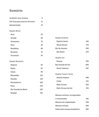 Sumário 
Ao Brasil, seus museus 9 
Um Guia para marcar encontro 11 
Apresentação 13 
Região Norte 
Acre 23 
Amapá 28 
Amazonas 31 
Pará 39 
Rondônia 48 
Roraima 51 
Tocantins 53 
Região Nordeste 
Alagoas 56 
Bahia 67 
Ceará 95 
Maranhão 113 
Paraíba 118 
Pernambuco 128 
Piauí 145 
Rio Grande do Norte 150 
Sergipe 161 
Região Sudeste 
Espírito Santo 166 
Minas Gerais 176 
Rio de Janeiro 230 
São Paulo 275 
Região Sul 
Paraná 359 
Rio Grande do Sul 400 
Santa Catarina 467 
Região Centro-Oeste 
Distrito Federal 499 
Goiás 511 
Mato Grosso 523 
Mato Grosso do Sul 531 
Museus extintos, incorporados 
e renomeados 541 
Museus em implantação 549 
Museus virtuais 560 
Índice dos museus brasileiros 565 
 