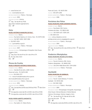 Região Sul : : Rio Grande do Sul 
GUIA DOS MUSEUS BRASILEIROS 
415 
site: www.faxinal.com 
e-mai l: turismo@faxinal.com 
natureza administrativa: Público - Municipal. 
ano de criação: 1994. 
ti pologi a do acervo: História. 
Seg - Sex das 8h às 17h30, 
Sáb e Dom mediante agendamento 
Feliz 
Museu Histórico Municipal de Feliz 
situação do museu: Aberto. 
endereço: Rua Santa Catarina, s/n. Centro. Feliz - RS. 95770-000 
telefones: (51) 3637-4200 / 3637-1992 
fax: (51) 3637-4234 
e-mai l: cjunior@feliz.rs.gov.br 
natureza administrativa: Público - Municipal. 
ano de criação: 2007. 
ti pologi a do acervo: Antropologia e Etnografia; Artes Visuais; 
Imagem e Som. 
Seg, Qua e Sex das 9h às 11h e das 14h às 17h 
Ter, Qui, Sáb e Dom 
Flores da Cunha 
Museu e Arquivo Histórico Pedro Rossi 
situação do museu: Aberto. 
endereço: Avenida 25 de Julho, 1.608. Centro. 
Flores da Cunha - RS. 95270-000 
telefone: (54) 3292-2777 
e-mai l: neusa.museu@floresdacunha.rs.gov.br; 
eloi.museu@floresdacunha.rs.gov.br 
natureza administrativa: Público - Municipal. 
ano de criação: 1976. 
ti pologi a do acervo: História. 
Seg - Sex das 8h às 11h30 e das 13h30 às 17h30 Sáb e Dom 
De segunda a sexta das 8h às 11h30 e das 13h às 17h40. 
De segunda a sexta das 8h às 11h30 e das 13h às 17h40. 
Museu Padre Alberto Lamonatto 
situação do museu: Aberto. 
endereço: Rua Isabel, s/n. Otávio Rocha. 
Flores da Cunha - RS. 95270-000 
telefone: (54) 3279-1298 
natureza administrativa: Público - Municipal. 
ano de criação: 1998. 
Fortaleza dos Valos 
Museu Municipal Padre Jerônimo Martini 
situação do museu: Aberto. 
endereço: Rua Rubert, 950. Centro. 
Fortaleza dos Valos - RS. 98125-000 
telefones: (55) 3328-1133 / 3328-1145 
fax: (55) 3328-1133 
e-mai l: cultura_fv@yahoo.com.br; 
pmfv@comnet.com.br; pmgab@pmfv.rs.gov.br 
natureza administrativa: Público - Municipal. 
ano de criação: 1994. 
ti pologi a do acervo: História. 
Seg - Sex das 8h às 12h e das 13h30 às 17h30 Sáb e Dom 
Frederico Westphalen 
Museu Municipal Wilson Lütz Farias 
situação do museu: Aberto. 
endereço: Rua do Comércio, 981. Centro. 
Frederico Westphalen - RS. 98400-000 
telefones: (55) 3744-4466 (Ramal 28) / 3744-5050 
natureza administrativa: Público - Municipal. 
Garibaldi 
Museu Municipal de Garibaldi 
situação do museu: Aberto. 
endereço: Rua Dr. Carlos Barbosa, 77. Centro. 
Garibaldi - RS. 95720-000 
telefone: (54) 3462-3483 
natureza administrativa: Público - Municipal. 
ano de criação: 1984. 
ti pologi a do acervo: Antropologia e Etnografia; Arqueologia; 
Artes Visuais; Ciências Naturais e História Natural; 
Ciência e Tecnologia; História; Imagem e Som. 
Ter - Sex das 8h às 17h, Sáb das 10h às 16h, 
Dom das 9h às 14h Seg 
De segunda a sexta das 8h30 às 11h30 e das 13h às 17h. 
 
