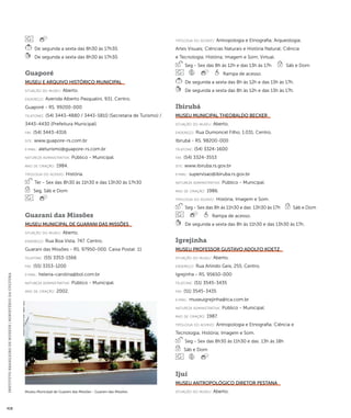 INSTITUTO BRASILEIRO DE MUSEUS | MINISTÉRIO DA CULTURA 418 
De segunda a sexta das 8h30 às 17h30. 
De segunda a sexta das 8h30 às 17h30. 
Guaporé 
Museu e Arquivo Histórico Municipal 
situação do museu: Aberto. 
endereço: Avenida Alberto Pasqualini, 931. Centro. 
Guaporé - RS. 99200-000 
telefones: (54) 3443-4880 / 3443-5810 (Secretaria de Turismo) / 
3443-4430 (Prefeitura Municipal) 
fax: (54) 3443-4316 
site: www.guapore-rs.com.br 
e-mai l: aleturismo@guapore-rs.com.br 
natureza administrativa: Público - Municipal. 
ano de criação: 1984. 
ti pologi a do acervo: História. 
Ter - Sex das 8h30 às 11h30 e das 13h30 às 17h30 
Seg, Sáb e Dom 
Guarani das Missões 
Museu Municipal de Guarani das Missões 
situação do museu: Aberto. 
endereço: Rua Boa Vista, 747. Centro. 
Guarani das Missões - RS. 97950-000. Caixa Postal: 11 
telefone: (55) 3353-1566 
fax: (55) 3353-1200 
e-mai l: helena-carolina@bol.com.br 
natureza administrativa: Público - Municipal. 
ano de criação: 2002. 
ti pologi a do acervo: Antropologia e Etnografia; Arqueologia; 
Artes Visuais; Ciências Naturais e História Natural; Ciência 
e Tecnologia; História; Imagem e Som; Virtual. 
Seg - Sex das 8h às 12h e das 13h às 17h Sáb e Dom 
Rampa de acesso. 
De segunda a sexta das 8h às 12h e das 13h às 17h. 
De segunda a sexta das 8h às 12h e das 13h às 17h. 
Ibirubá 
Museu Municipal Theobaldo Becker 
situação do museu: Aberto. 
endereço: Rua Dumoncel Filho, 1.031. Centro. 
Ibirubá - RS. 98200-000 
telefone: (54) 3324-1600 
fax: (54) 3324-3553 
site: www.ibiruba.rs.gov.br 
e-mai l: supervisao@ibiruba.rs.gov.br 
natureza administrativa: Público - Municipal. 
ano de criação: 1986. 
ti pologi a do acervo: História; Imagem e Som. 
Seg - Sex das 8h às 11h30 e das 13h30 às 17h Sáb e Dom 
Rampa de acesso. 
De segunda a sexta das 8h às 11h30 e das 13h30 às 17h. 
Igrejinha 
Museu Professor Gustavo Adolfo Koetz 
situação do museu: Aberto. 
endereço: Rua Arlindo Geis, 255. Centro. 
Igrejinha - RS. 95650-000 
telefone: (51) 3545-3435 
fax: (51) 3545-3435 
e-mai l: museuigrejinha@tca.com.br 
natureza administrativa: Público - Municipal. 
ano de criação: 1987. 
ti pologi a do acervo: Antropologia e Etnografia; Ciência e 
Tecnologia; História; Imagem e Som. 
Seg - Sex das 8h30 às 11h30 e das 13h às 18h 
Sáb e Dom 
Ijuí 
Museu Antropológico Diretor Pestana 
Museu Municipal de Guarani das Missões - Guarani das Missões situação do museu: Aberto. 
Imagem cedida ao CNM - IBRAM / MINC 
 