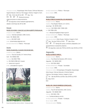 INSTITUTO BRASILEIRO DE MUSEUS | MINISTÉRIO DA CULTURA 420 
ti pologi a do acervo: Arqueologia; Artes Visuais; Ciências Naturais e 
História Natural; Ciência e Tecnologia; História; Imagem e Som. 
Sáb - Dom das 14h às 18h Seg - Sex 
Rampa de acesso; 
vagas exclusivas no estacionamento. 
De segunda a sexta mediante agendamento; 
sábado e domingo das 14h às 18h. 
Ivorá 
Museu de Ivorá / Casa de Cultura Alberto Pasqualini 
situação do museu: Aberto. 
endereço: Avenida Garibaldi, 1.098. Centro. 
Ivorá - RS. 98160-000 
telefone: (55) 3267-1100 
e-mai l: taniamvelasco@gmail.com 
natureza administrativa: Público - Municipal. 
Ivoti 
Museu Municipal Cláudio Oscar Becker 
situação do museu: Aberto. 
endereço: Rua da Cascata, s/n. Feitoria Nova. 
Ivoti - RS. 93900-000 
telefone: (51) 3563-7956 
fax: (51) 3563-6788 (A/C museu) 
site: www.ivoti.rs.gov.br 
e-mai l: cultura@ivoti.rs.gov.br 
natureza administrativa: Público - Municipal. 
ano de criação: 1995. 
Jacutinga 
Museu Público Municipal do Imigrante 
situação do museu: Aberto. 
endereço: Rua Ângelo Fabiane, s/n. Centro. 
Jacutinga - RS. 99730-000 
telefones: (54) 3368-1328 / 3368-1291 
fax: (54) 3368-1291 
e-mai l: educjacutinga@jacutinga.rs.gov.br 
natureza administrativa: Público - Municipal. 
ano de criação: 1999. 
ti pologi a do acervo: Artes Visuais; História; Imagem e Som. 
Seg - Sex das 7h30 às 17h30 Sáb e Dom 
Rampa de acesso; sanitários adaptados com 
equipamentos e acessórios próprios. 
De segunda a sexta das 7h30 às 11h30 e das 13h30 às 17h30. 
Jaguarão 
Museu Alfredo Varela 
situação do museu: Aberto. 
endereço: Rua Marechal Deodoro, 874. Centro. 
Jaguarão - RS. 96300-000 
telefone: (53) 3261-9063 
natureza administrativa: Privado - Sociedade. 
ano de criação: 1966. 
ti pologi a do acervo: Antropologia e Etnografia; Arqueologia; 
Artes Visuais; Ciências Naturais e História Natural; 
Ciência e Tecnologia; História; Imagem e Som. 
Ter - Sáb das 8h30 às 11h30 e das 13h30 às 17h30 
Seg e Dom 
Museu Dr. Carlos Barbosa Gonçalves 
situação do museu: Aberto. 
endereço: Rua XV de Novembro, 642. Centro. 
Jaguarão - RS. 96300-000 
telefone: (53) 3261-1746 
e-mai l: fundacaocb@uol.com.br 
natureza administrativa: Privado - Fundação. 
ano de criação: 1976. 
ti Museu Municipal Padre Jerônimo Martini - Fortaleza dos Valos pologia do acervo: História. 
Imagem cedida ao CNM - IBRAM / MINC 
 