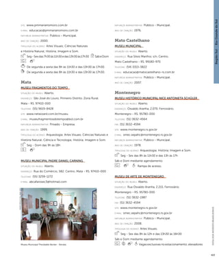 Região Sul : : Rio Grande do Sul 
GUIA DOS MUSEUS BRASILEIROS 
423 
site: www.pmmarianomoro.com.br 
e-mai l: educacao@pmmarianomoro.com.br 
natureza administrativa: Público - Municipal. 
ano de criação: 2000. 
ti pologi a do acervo: Artes Visuais; Ciências Naturais 
e História Natural; História; Imagem e Som. 
Seg - Sex das 7h30 às 11h30 e das 13h30 às 17h30 Sáb e Dom 
De segunda a sexta das 8h às 11h30 e das 13h30 às 17h30. 
De segunda a sexta das 8h às 11h30 e das 13h30 às 17h30. 
Mata 
Museu Fragmentos do Tempo 
situação do museu: Aberto. 
endereço: São José do Louro, Primeiro Distrito. Zona Rural. 
Mata - RS. 97410-000 
telefone: (55) 9619-8428 
site: www.netwizard.com.br/museu 
e-mai l: museufragmentosdotempo@bol.com.br 
natureza administrativa: Privado - Empresa. 
ano de criação: 1999. 
ti pologi a do acervo: Arqueologia; Artes Visuais; Ciências Naturais e 
História Natural; Ciência e Tecnologia; História; Imagem e Som. 
Seg - Dom das 9h às 18h 
Museu Municipal Padre Daniel Carning 
situação do museu: Aberto. 
endereço: Rua do Comércio, 582. Centro. Mata - RS. 97410-000 
telefone: (55) 3259-1272 
e-mai l: abcafarosec3@hotmail.com 
natureza administrativa: Público - Municipal. 
ano de criação: 1976. 
Mato Castelhano 
Museu Municipal 
situação do museu: Aberto. 
endereço: Rua Silvio Manfroi, s/n. Centro. 
Mato Castelhano - RS. 99180-970 
telefone: (54) 3313-3822 
e-mai l: educacao@matocastelhano-rs.com.br 
natureza administrativa: Público - Municipal. 
ano de criação: 2007. 
Montenegro 
Museu Histórico Municipal Nice Antonieta Schüler 
situação do museu: Aberto. 
endereço: Osvaldo Aranha, 2.070. Ferroviário. 
Montenegro - RS. 95780-000 
telefone: (51) 3632-4564 
fax: (51) 3632-4594 
site: www.montenegro.rs.gov.br 
e-mai l: smec.sepahc@montenegro.rs.gov.br 
natureza administrativa: Público - Municipal. 
ano de criação: 1978. 
ti pologi a do acervo: Arqueologia; História; Imagem e Som. 
Seg - Sex das 8h às 11h30 e das 13h às 17h 
Sáb e Dom mediante agendamento 
Rampa de acesso. 
Museu de Arte de Montenegro 
situação do museu: Aberto. 
endereço: Rua Osvaldo Aranha, 2.215. Ferroviário. 
Montenegro - RS. 95780-000 
telefone: (51) 3632-1987 
fax: (51) 3632-4594 
site: www.montenegro.rs.gov.br 
e-mai l: smec.sepahc@montenegro.rs.gov.br 
natureza administrativa: Público - Municipal. 
ano de criação: 2008. 
ti pologi a do acervo: Artes Visuais. 
Seg - Sex das 8h às 12h e das 13h30 às 16h30 
Sáb e Dom mediante agendamento 
Museu Municipal Theobaldo Becker - Ibirubá Vagas exclusivas no estacionamento; elevadores 
Imagem cedida ao CNM - IBRAM / MINC 
 