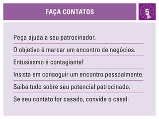 FaÇa cONtatOs                        5

Peça ajuda a seu patrocinador.
O objetivo é marcar um encontro de negócios.
Entusiasmo é contagiante!
Insista em conseguir um encontro pessoalmente.
Saiba tudo sobre seu potencial patrocinado.
Se seu contato for casado, convide o casal.
 