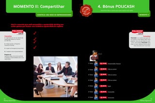 No momento II o seu empreendimento Polishop refletirá sobre o desenvolvimento de
uma organização forte e crescente.
Este é o momento para você compartilhar a oportunidade Polishop com
muitas pessoas que buscam uma verdadeira oportunidade de negócios.
CONSTRUA UMA REDE DE EMPREENDEDORES
MOMENTO II: Compartilhar
Consolide o seu negócio gerando lateralidade
(Patrocinados Pessoais)
Construa vários níveis de profundidade
Duplique este processo e ajude outros a
construírem suas estruturas sólidas
Procure identificar quais de seus Consumidores
Diretos poderão se tornar Empreendedores
✓
✓
✓
✓
Polishop Opportunity
13
Polishop Opportunity
12
Conceitos
1 – Mantenha-se com seu Volume de
Qualificação Mensal no mínimo
em 300 VQs
2 – Esteja inscrito no Programa:
Autoenvio Polishop
3 – Ajude na formação de novos Elite’s
4 – Cadastre novos empreendedores.
Prepare-se:
Assista ao vídeo CICLO DO SUCESSO
e duplique a oportunidade junto a sua
organização
MOMENTO II
4. Bônus POLICASH
Garantimos bônus maiores para quem duplica mais rápido
Seu compromisso:
• POLICA$H é um bônus gerado sobre novos cadastros! A partir do
momento que você decide construir uma organização com três novos
cadastros a cada mês, seus down lines farão o mesmo. Isto é o que
chamamos de duplicação.
Nós Garantimos:
• A cada novo cadastro patrocinado pessoalmente você receberá um
excepcional Bônus POLICA$H. Você ainda receberá POLICA$H sobre
os novos cadastros realizados pelos seus down lines. Qualifique-se a
ELITE e receba bônus até a sua 4ª geração de novos cadastros.
O potencial:
• Atinja posições mais altas e receba muito mais POLICA$H. Como
Rubi você receberá até a sua 5ª geração comprimida. Como Esmeral-
da até a 6ª geração e como Diamante, até a 7ª geração comprimida.
• Cadastre três novos empreendedores a cada mês e potencialize seus
ganhos com Bônus Pool Oportunidade.
Conceitos
POLICA$H: é um sistema que gera bô-
nus maiores e mais rápidos sobre novos
cadastros. Uma vez que esteja em auto-
envio, você receberá POLICA$H sobre
todos os novos cadastros de seus down
lines, de acordo com o seu título.
EXC
LUSIVIDA
D
E
A
UTO ENV
IO
Você
1o
Nível Patrocinador Pessoal
Elite ou acima
Rubi
Elite ou acima
Esmeralda
Elite ou acima
Diamante
2o
Nível
5o
Nível
3o
Nível
6o
Nível
4o
Nível
7o
Nível
R$ 110,00
R$ 40,00
R$ 30,00
R$ 20,00
R$ 20,00
R$ 20,00
R$ 10,00
 