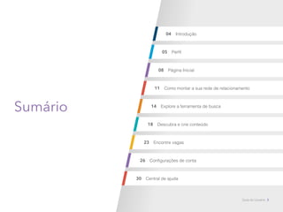 05
08
11
Perfil
Página Inicial
Como montar a sua rede de relacionamento
Explore a ferramenta de busca
Descubra e crie conteúdo
14
18
Encontre vagas23
Configurações de conta26
Central de ajuda30
Introdução04
Sumário
Guia do Usuário 2
 