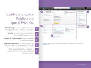 Painel Principal - aqui você altera sua senha,
faz upgrade de conta e adiciona informações;
Sessões - Escolha entre configurar Perfil,
Comunicação, Grupos e Conta;
Opções de Configurações - alteram conforme
a escolha da sessão;
Perguntas e Respostas - é uma ferramenta ágil
para você tirar suas dúvidas sobre o LinkedIn;
Envie seus comentários - você pode a
qualquer momento enviar observações ou
dúvidas para nós.
1
2
3
4
5
1
2
3
4
5
Controle o que é
Público e o
que é Privado.
Guia do Usuário 28
 
