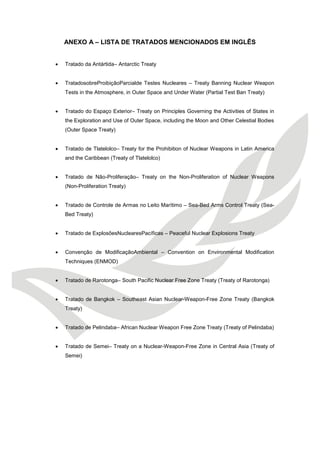 ANEXO A – LISTA DE TRATADOS MENCIONADOS EM INGLÊS 
 Tratado da Antártida– Antarctic Treaty 
 TratadosobreProibiçãoParcialde Testes Nucleares – Treaty Banning Nuclear Weapon Tests in the Atmosphere, in Outer Space and Under Water (Partial Test Ban Treaty) 
 Tratado do Espaço Exterior– Treaty on Principles Governing the Activities of States in the Exploration and Use of Outer Space, including the Moon and Other Celestial Bodies (Outer Space Treaty) 
 Tratado de Tlatelolco– Treaty for the Prohibition of Nuclear Weapons in Latin America and the Caribbean (Treaty of Tlatelolco) 
 Tratado de Não-Proliferação– Treaty on the Non-Proliferation of Nuclear Weapons (Non-Proliferation Treaty) 
 Tratado de Controle de Armas no Leito Marítimo – Sea-Bed Arms Control Treaty (Sea- Bed Treaty) 
 Tratado de ExplosõesNuclearesPacíficas – Peaceful Nuclear Explosions Treaty 
 Convenção de ModificaçãoAmbiental – Convention on Environmental Modification Techniques (ENMOD) 
 Tratado de Rarotonga– South Pacific Nuclear Free Zone Treaty (Treaty of Rarotonga) 
 Tratado de Bangkok – Southeast Asian Nuclear-Weapon-Free Zone Treaty (Bangkok Treaty) 
 Tratado de Pelindaba– African Nuclear Weapon Free Zone Treaty (Treaty of Pelindaba) 
 Tratado de Semei– Treaty on a Nuclear-Weapon-Free Zone in Central Asia (Treaty of Semei) 
 