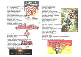 2001: una odisea en el espacio. Stanley Kubrick       Dersu Uzala. Akira Kurosawa
2012. Roland Emmerich                                 Dolce vita. Federico Fellini
A sangre fría. In Cold Blood. Richard Brooks          Dolls. Takeshi Kitano
Adiós muchachos. Louis Malle                          Dune. David Lynch
Ágora. Alejandro Amenábar                             Encadenados. Alfred Hitchcock
Airbag. Juanma Bajo Ulloa                             Encuentros en la tercera fase. Steven Spielberg
Akira. Katsuhiro Otomo                                Eva al desnudo. Joseph Mankiewicz
Alguien voló sobre el nido del cuco. Milos Forman     Expreso de medianoche. Alan Parker
Alicia en el país de las maravillas. Tim Burton       Extraño. Orson Welles
Amantes. Louis Malle                                  Fanny y Alexander. Ingmar Bergman
Americano. Antón Corbijn                              Forrest Gump. Robert Zemeckis
Ángel exterminador. Luis Buñuel                       Frenético. Roman Polanski
Annie Hall. Woody Allen                               Full Monty. Peter Cattaneo
Apocalypse Now. Ford Coppola
Asesinos natos. Oliver Stone                          Gato negro, gato blanco. Emir Kusturica
                                                      Gigi. Vicente Minnelli
                                                      Golpe. George Roy Hill
                                                      Good morning, Vietnam. Barry Levinson
                                                      Gran evasión. John Sturges
                                                      Gran Torino. Clint Eastwood
                                                      Grease. Randal Kleiser
Batman. Tim Burton                                    Habitación en Roma. Julio Medem
Bienvenidos a Belleville. Sylvain Chomet              Hero. Zhang Yimou
Brazil. Terry Gilliam                                 Hombres que miraban fijamente a las cabras. Grant Heslov
Buried. Rodrigo Cortés                                Host. Bong Joon-ho
Cantando bajo la lluvia. Stanley Donen y Gene Kelly   Invasión de los ladrones de cuerpos. Don Siegel
Cartas desde Iwo Jima. Clint Eastwood
Cartero siempre llama dos veces. Bob Rafelson
Casablanca. Michael Curtiz
Centauros del desierto. John Ford
Club de la lucha. David Fincher
Corazón salvaje. David Lynch
Cuentos de Tokio. Yasujiro Ozu
 