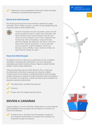 48
10 LOGÍSTICA Y
PROCESOS DE ENVÍO
Proporciona a los compradores información sobre aranceles,
impuestos y procedimientos aduaneros.
Dentro de la Unión Europea
No tienes que proporcionar documentación aduanera ni pagar
aranceles. Eso sí, debes conocer y cumplir con las obligaciones del
impuesto sobre el valor añadido (IVA).
Territorios especiales de la UE que pueden quedar fuera del
ámbito de aplicación del IVA o aplicar tipos especiales: Islas
Åland (Finlandia), Islas Canarias (España), islas del Canal
(Jersey, Guernsey, Alderney, Herm y Sark), Departamentos
Franceses de ultramar (Guadalupe, Guayana francesa,
Martinica, Mayotte, San Bartolomé, San Martín y Reunión),
Monte Athos (Grecia). Igualmente, no forman parte del
territorio aduanero; la isla de Helgoland, Territorio de
Büsingen, Ceuta y Melilla, Livigno, Campione d’Italia y las
aguas italianas del lago de Lugano.
Fuera de la Unión Europea
Si realizas envíos a un país que no pertenece a la UE, se aplican
aranceles e impuestos de importación, así como impuestos
especiales para determinados artículos. Algunos países también
pueden imponer tasas aduaneras.
Todos los paquetes que se envíen desde la UE a un país que
no pertenezca a ella tienen que pasar por aduanas y debes
cumplimentar los formularios correspondientes (el artículo podría
quedar retenido en la aduana si la documentación está incompleta o
es incorrecta). Por lo general, cuando tramitas la documentación de
aduanas necesitas proporcionar:
Una descripción completa del producto.
El precio.
El peso neto (en kilogramos) del artículo.
ENVÍOS A CANARIAS
Cuando realices un envío a Canarias, debes tener en cuenta algunas
particularidades de los procesos que se realizan en Correos y el
sistema de Aduanas:
Al tratarse de un territorio fuera del espacio europeo de
armonización fiscal (donde no se aplica IVA), se aplica una
imposición propia en la aduana.
 