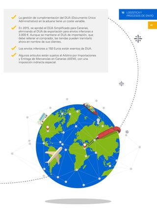 49
10 LOGÍSTICA Y
PROCESOS DE ENVÍO
La gestión de cumplimentación del DUA (Documento Único
Administrativo) en la aduana tiene un coste variable.
En 2015, se aprobó el DUA Simplificado para Canarias,
eliminando el DUA de exportación para envíos inferiores a
3.000 €. Aunque se mantiene el DUA de importación, que
debe rellenar el comprador, las tiendas pueden tramitarlo
ahora en nombre de sus clientes.
Los envíos inferiores a 150 Euros están exentos de DUA.
Algunos artículos están sujetos al Arbitrio por Importaciones
y Entrega de Mercancías en Canarias (AIEM), con una
imposición indirecta especial.
 