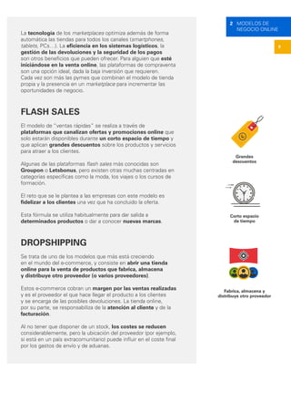 9
2 MODELOS DE
NEGOCIO ONLINE
La tecnología de los marketplaces optimiza además de forma
automática las tiendas para todos los canales (smartphones,
tablets, PCs…). La eficiencia en los sistemas logísticos, la
gestión de las devoluciones y la seguridad de los pagos
son otros beneficios que pueden ofrecer. Para alguien que esté
iniciándose en la venta online, las plataformas de compraventa
son una opción ideal, dada la baja inversión que requieren.
Cada vez son más las pymes que combinan el modelo de tienda
propia y la presencia en un marketplace para incrementar las
oportunidades de negocio.
FLASH SALES
El modelo de “ventas rápidas” se realiza a través de
plataformas que canalizan ofertas y promociones online que
solo estarán disponibles durante un corto espacio de tiempo y
que aplican grandes descuentos sobre los productos y servicios
para atraer a los clientes.
Algunas de las plataformas flash sales más conocidas son
Groupon o Letsbonus, pero existen otras muchas centradas en
categorías específicas como la moda, los viajes o los cursos de
formación.
El reto que se le plantea a las empresas con este modelo es
fidelizar a los clientes una vez que ha concluido la oferta.
Esta fórmula se utiliza habitualmente para dar salida a
determinados productos o dar a conocer nuevas marcas.
DROPSHIPPING
Se trata de uno de los modelos que más está creciendo
en el mundo del e-commerce, y consiste en abrir una tienda
online para la venta de productos que fabrica, almacena
y distribuye otro proveedor (o varios proveedores).
Estos e-commerce cobran un margen por las ventas realizadas
y es el proveedor el que hace llegar el producto a los clientes
y se encarga de las posibles devoluciones. La tienda online,
por su parte, se responsabiliza de la atención al cliente y de la
facturación.
Al no tener que disponer de un stock, los costes se reducen
considerablemente, pero la ubicación del proveedor (por ejemplo,
si está en un país extracomunitario) puede influir en el coste final
por los gastos de envío y de aduanas.
Grandes
descuentos
Corto espacio
de tiempo
Fabrica, almacena y
distribuye otro proveedor
 