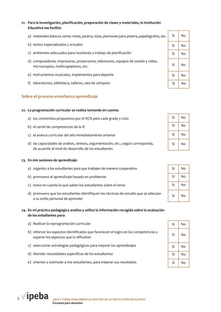 ¿QUé Y CóMo EVALUAMoS LA GESTIóN DE LA INSTITUCIóN EDUCATIVA?
Encuesta para docentes
Sí No
Sí No
Sí No
Sí No
Sí No
Sí No
Sí No
Sí No
Sí No
Sí No
Sí No
Sí No
Sí No
Sí No
Sí No
Sí No
Sí No
Sí No
Sí No
6
21. Para la investigación, planificación, preparación de clases y materiales, la Institución
Educativa me facilita:
a) materiales básicos como: mota, pizarra, tizas, plumones para pizarra, papelógrafos, etc.
b) textos especializados y actuales
c) ambientes adecuados para reuniones y trabajo de planificación
d) computadoras, impresoras, proyectores, televisores, equipos de sonido y video,
microscopios, multicopiadores, etc.
e) instrumentos musicales, implementos para deporte
f) laboratorios, biblioteca, talleres, sala de cómputo
Sobre el proceso enseñanza aprendizaje
22. La programación curricular se realiza tomando en cuenta:
a) los contenidos propuestos por el DCN para cada grado y ciclo
b) el cartel de competencias de la IE
c) el avance curricular del año inmediatamente anterior
d) las capacidades de análisis, síntesis, argumentación, etc.; según corresponda,
de acuerdo al nivel de desarrollo de los estudiantes
23. En mis sesiones de aprendizaje:
a) organizo a los estudiantes para que trabajen de manera cooperativa
b) promuevo el aprendizaje basado en problemas
c) tomo en cuenta lo que saben los estudiantes sobre el tema
d) promuevo que los estudiantes identifiquen las técnicas de estudio que se adecúan
a su estilo personal de aprender
24. En mi práctica pedagógica analizo y utilizo la información recogida sobre la evaluación
de los estudiantes para:
a) Realizar la reprogramación curricular
b) reforzar los aspectos identificados que favorecen el logro en las competencias y
superar los aspectos que lo dificultan
c) seleccionar estrategias pedagógicas para mejorar los aprendizajes
d) Atender necesidades específicas de los estudiantes
e) orientar y estimular a mis estudiantes, para mejorar sus resultados
 