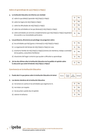 ¿QUé Y CóMo EVALUAMoS LA GESTIóN DE LA INSTITUCIóN EDUCATIVA?
Encuesta para padres y madres de familia
Sí No
Sí No
Sí No
Sí No
Sí No
Sí No
Sí No
Sí No
Sí No
Sí No
Nunca siemprePocas
veces
Casi
siempre
Sí No
Sí No
Sí No
Sí No
2
Sobre el aprendizaje de su(s) hijo(s) o hija(s)
4. La Institución Educativa me informa con claridad:
a) sobre lo que debe(n) aprender mi(s) hijo(s) o hija(s)
b) sobre los logros de mi(s) hijo(s) o hija(s)
c) sobre las dificultades de mi(s) hijo(s) o hija(s)
d) sobre las actividades en las que destaca(n) mi(s) hijo(s) o hija(s)
e) sobre actividades y/o servicios complementarios que mi(s) hijo(s) o hija(s) requiere(n)
de acuerdo a sus necesidades particulares
5. Los profesores, director(a) y/o psicólogo nos preguntan sobre:
a) las actividades que le(s) gusta o interesa(n) a mi(s) hijo(s) o hija(s)
b) La organización del tiempo de mi(s) hijo(s) o hija(s) en casa
c) el entorno familiar de mi(s) hijo(s) o hija(s) (número de miembros, trabajo o actividad
de los padres, costumbres familiares)
d) situaciones del hogar o entorno que ayudan o dificultan su aprendizaje
6. ¿En los dos últimos años la Institución Educativa me ha pedido mi opinión sobre
la educación que están brindando mi(s) hijo(s) o hija(s)?
Convivencia en la Institución Educativa
7. Puedo decir lo que pienso sobre la Institución Educativa sin temor
8. Los demás miembros de la Institución Educativa:
a) me toman en cuenta en las actividades que organiza la I.E.
b) me tratan con respeto
c) me escuchan cuando doy mi opinión
d) valoran mi esfuerzo
 