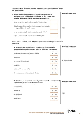 Coloque una "X" en la casilla al lado de la alternativa que se ajuste más a su IE. Marque
solo una alternativa
4. En la propuesta pedagógica del PEI se evidencia el desarrollo de
competencias en todas las áreas consideradas en el DCNc
/DCRd
, para
asegurar la formación integral de todos sus estudiantes, ...
a) se ha considerado solo Comunicación y Matemáticas
b) además de Comunicación y Matemática, se ha priorizado
alguna(s) otras áreas de interés
c) se han considerado casi todas las áreas del DCN/DCR
d) se han considerado todas las áreas del DCN/DCR
Marque con una X sobre la casilla "Sí" o "No" según corresponda. Responda en todas las
alternativas
5. El PEI incluye en su diagnóstico una descripción de las características,
potencialidades y necesidades de la población estudiantil, considerando:
a) etnia (grupos culturales) o procedencia Sí No
b) lengua Sí No
c) nivel socioeconómico Sí No
d) género Sí No
e) necesidades especiales Sí No
f) nivel de desempeño de los estudiantes Sí No
6. El PEI incluye, en concordancia con el diagnóstico realizado y con la finalidad
de mejorar el proceso de enseñanza-aprendizaje:
a) objetivos Sí No
b) metas Sí No
c) proyectos Sí No
d) acciones Sí No
Fuentes de verificación:
P E I
Fuentes de verificación:
PEI (diagnóstico)
¿QUé Y CóMo EVALUAMoS LA GESTIóN DE LA INSTITUCIóN EDUCATIVA?
Ficha de análisis documental
Fuentes de verificación:
P E I
3
 