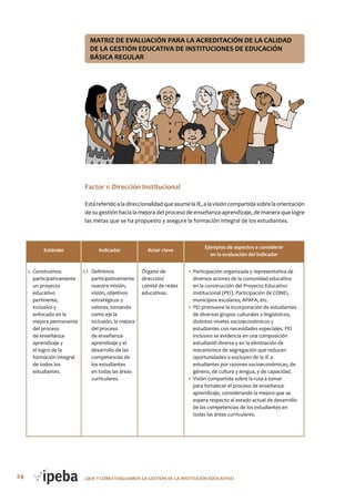 24 ¿QUé Y CóMo EVALUAMoS LA GESTIóN DE LA INSTITUCIóN EDUCATIVA?
Factor 1: Dirección Institucional
EstáreferidoaladireccionalidadqueasumelaIE,alavisióncompartidasobrelaorientación
de su gestión hacia la mejora del proceso de enseñanza-aprendizaje, de manera que logre
las metas que se ha propuesto y asegure la formación integral de los estudiantes.
MATRIz DE EVALUACIóN PARA LA ACREDITACIóN DE LA CALIDAD
DE LA GESTIóN EDUCATIVA DE INSTITUCIoNES DE EDUCACIóN
BÁSICA REGULAR
Estándar Indicador Actor clave
1. Construimos
participativamente
un proyecto
educativo
pertinente,
inclusivo y
enfocado en la
mejora permanente
del proceso
de enseñanza-
aprendizaje y
el logro de la
formación integral
de todos los
estudiantes.
1.1 Definimos
participativamente
nuestra misión,
visión, objetivos
estratégicos y
valores, tomando
como eje la
inclusión, la mejora
del proceso
de enseñanza-
aprendizaje y el
desarrollo de las
competencias de
los estudiantes
en todas las áreas
curriculares.
• Participación organizada y representativa de
diversos actores de la comunidad educativa
en la construcción del Proyecto Educativo
Institucional (PEI). Participación de CONEI,
municipios escolares, APAFA, etc.
• PEI promueve la incorporación de estudiantes
de diversos grupos culturales y lingüísticos,
distintos niveles socioeconómicos y
estudiantes con necesidades especiales. PEI
inclusivo se evidencia en una composición
estudiantil diversa y en la eliminación de
mecanismos de segregación que reducen
oportunidades o excluyen de la IE a
estudiantes por razones socioeconómicas, de
género, de cultura y lengua, y de capacidad.
• Visión compartida sobre la ruta a tomar
para fortalecer el proceso de enseñanza-
aprendizaje, considerando la mejora que se
espera respecto al estado actual de desarrollo
de las competencias de los estudiantes en
todas las áreas curriculares.
Órgano de
dirección/
comité de redes
educativas.
Ejemplos de aspectos a considerar
en la evaluación del indicador
 