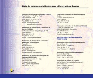 Guía de educación bilingüe para niños y niñas Sordos



     Federaciò de Sords de Catalunya (FESOCA)    Federación Extremeña de Asociaciones de
     Pere Vergés, 1 – 7ª (Bº La Pau)             Sordos
     08020 BARCELONA                             C/ Santa Teresa de Jesús, 6
     Tfno.: 93 278 18 42/ 278 04 92              10001 Cáceres
     Fax: 93 305 51 04                           Tlfno.: 927 21 71 62
     E-mail: fesoca@retemail.es                  Fax: 927 21 19 46
             fesoca@mx3.redestb.es
                                                 Federación de Sordos de Cantabria (FESCAN)
     Federación de Sordos de la Comunidad de     C/ Alta, 46 Entresuelo Izda.
     Murcia (FASCM)                              39008 SANTANDER (Cantabria)
     C/ Periodista Nicolá Ortega Pagán, 2–1º B   Tfno: 942 23 12 16
     30003 Murcia                                Fax: 942 23 19 43
     Tlfno. 968 22 04 75                         E-mail: fescan@hotmail.com
     Fax: 968 21 15 03
     E-mail: FASCM@accesosis.es                  ASOCIACIONES SIN FEDERACIÓN
                                                 TERRITORIAL
     Federación de Sordos de la Comunidad
     Valenciana (FESORD CV)                      Asociación Cultural de Sordos de Móstoles
     Ayora,31                                    Dos de Mayo, 83
     46018 Valencia                              28934 MÓSTOLES (Madrid)
     Tlfno.: 96 385 22 21                        Tlfno.: 91 646 72 19
     Fax: 96 385 01 41                           Fax y Videotex: 91 647 23 79
     E-mail: fesord@ctv.es
     Sitio en Internet: www.fesord.org           Asociación Cultural de Sordos de Getafe
                                                 Alvaro de Bazán,12
     Federación de Sordos del Principado de      28902 GETAFE (Madrid)
     Asturias (FESOPRAS)                         Tlfno. y Fax: 91 683 31 07
     C/ Augusto Junquera, 43 - Bajo
     33012 OVIEDO                                Asociación de Sordos de Leganés
     Principado de Asturias                      A.V. del Barrio "Vereda de los Estudiantes".
     Tlfno. y DTS: 985 27 68 98                  C/ Córdoba, S/N
     Fax: 985 27 47 31                           28914 LEGANÉS (Madrid)
                                                 Tfno.: 91 689 84 14
                                                 Fax: 91 693 46 14

46
 