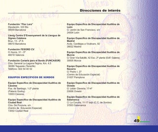 Direcciones de interés



Fundación “Flor Lara”                           Equipo Específico de Discapacidad Auditiva de
Diputación, 333 Bis                             León
08009 Barcelona                                 C/ Jardín de San Francisco, s/n
                                                24004 León
Llesig Centre D’Ensenyament de la Llengua de
Signes Catalana                                 Equipo Específico de Discapacidad Auditiva de
Bruc, 13 - 2º A                                 Madrid
08010 Barcelona                                 Avda. Canillejas a Vicálvaro, 82
                                                28022 Madrid
Fundación FESORD CV
C/ Ayora, 31 - 5ª                               Equipo Específico de Discapacidad Auditiva de
46018 Valencia                                  Murcia
                                                C/ Gran Vía-Salcillo, 42 Esc. 2ª planta (Edif. Galeria)
Fundación Canaria para el Sordo (FUNCASOR)      30005 Murcia
Ctra. General La Laguna-Tegina, Km. 4,5
38280 Tegueste (Tenerife)                       Equipo Específico de Discapacidad Auditiva de
Teléfono: 922 54 40 52                          Navarra
                                                C/ Pedro I, 27
                                                (Centro de Educación Especial)
EQUIPOS ESPECÍFICOS DE SORDOS                   31007 Pamplona

Equipo Específico de Discapacidad Auditiva de   Equipo Específico de Discapacidad Auditiva de
Cáceres                                         Oviedo
Pza. de Santiago, 1-2º planta                   C/ Julián Claveria, 17-4º
(Palacio Godoy)                                 33006 Oviedo
10003 Cáceres
                                                Equipo Específico de Discapacidad Auditiva de
Equipo Específico de Discapacidad Auditiva de   Salamanca
Ciudad Real                                     C/ La Coruña, 11-17 bajo (C.C. de Sordos)
Ctra. De Porzuna, s/n                           37003 Salamanca
(Centro de Educación Especial)
13002 Ciudad Real



                                                                                                          49
 