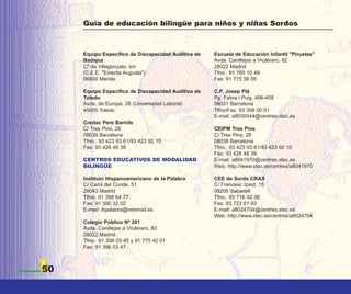 Guía de educación bilingüe para niños y niñas Sordos



     Equipo Específico de Discapacidad Auditiva de   Escuela de Educación Infantil "Piruetas"
     Badajoz                                         Avda. Canillejas a Vicálvaro, 82
     Cº de Villagonzalo, s/n                         28022 Madrid
     (C.E.E. "Emerita Augusta")                      Tfno.: 91 760 10 49
     06800 Mérida                                    Fax: 91 775 56 05

     Equipo Específico de Discapacidad Auditiva de   C.P. Josep Plá
     Toledo                                          Pg. Fabra i Puig, 406-408
     Avda. de Europa, 28 (Universidad Laboral)       08031 Barcelona
     45005 Toledo                                    Tlfno/Fax: 93 358 00 01
                                                     E-mail: a8035544@centres.xtec.es
     Credac Pere Barnils
     C/ Tres Pins, 28                                CEIPM Tres Pins
     08038 Barcelona                                 C/ Tres Pins, 28
     Tfno.: 93 423 93 61/93 423 92 10                08038 Barcelona
     Fax: 93 426 48 39                               Tfno.: 93 423 93 61/93 423 92 10
                                                     Fax: 93 426 48 39
     CENTROS EDUCATIVOS DE MODALIDAD                 E-mail: a8041970@centres.xtec.es
     BILINGÜE                                        Web: http://www.xtec.es/centres/a8041970

     Instituto Hispanoamericano de la Palabra        CEE de Sords CRAS
     C/ Carril del Conde, 51                         C/ Francesc Izard, 15
     28043 Madrid                                    08208 Sabadell
     Tlfno: 91 388 64 77                             Tfno.: 93 716 32 36
     Fax: 91 300 32 02                               Fax: 93 723 61 93
     E-mail: ihpalabra@retemail.es                   E-mail: a8024704@centres.xtec.es
                                                     Web: http://www.xtec.es/centres/a8024704
     Colegio Público Nº 261
     Avda. Canillejas a Vicálvaro, 82
     28022 Madrid
     Tfno.: 91 306 03 45 y 91 775 42 01
     Fax: 91 306 03 47



50
 
