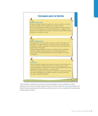 7
Consejos para la familia
El primer día de clases
El ingreso al colegio es para la mayoría de los niños y las niñas un momento
de mucha angustia, ya que se separan de sus padres o adultos.
Por eso, es importante que seamos cariñosos, aceptemos lo que sienten los
niños y las niñas, tengamos una actitud tranquilizadora y un diálogo con él o
ella acerca de la experiencia que está por comenzar. Es fundamental contarles
dónde irán y con quién van a estar.
Adquirir independencia
La independencia ayuda a los niños y las niñas a sentirse más seguros y a
desarrollar una imagen positiva de sí mismos; por eso, es importante crear
un ambiente en el que se fomenten actividades en las que se le permita ser
independientes. Por ejemplo:
• Deje que haga actividades sin ayuda, como bañarse bajo su supervisión.
• Permita que elija la ropa que quiera usar o la película que quiere ver.
• Apoye y guíe cuando está aprendiendo nuevas actividades, como atarse
los zapatos.
Los límites
Es muy importante considerar que tanto las normas como los límites son una
forma de demostrar cariño hacia los niños y las niñas, ya que los hacen
sentirse protegidos y cuidados. Por lo tanto, es responsabilidad de los adultos
explicarles las cosas que pueden o no pueden hacer.
Por esto, es necesario que los adultos se cuestionen el sentido de los límites
que están inculcándoles, ya que deben transmitir a los niños y las niñas
por qué es importante respetarlos.
7
El rol de las familias es fundamental para el proceso de enseñanza-aprendizaje, por esto, y considerando a los padres y
apoderados como los primeros y principales educadores de los niños y las niñas, se ofrecen tres Consejos para contribuir en este
quehacer formativo, otorgando algunas herramientas para enfrentar el primer día de clases, la adquisición de la independencia y
el establecimiento de los límites.
Estructura del Texto del párvulo 9
 