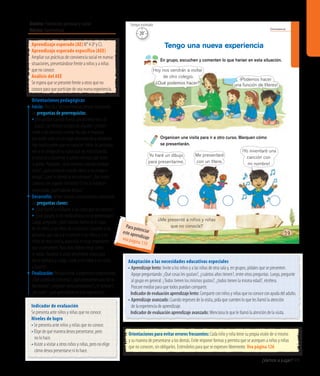 Ámbito: Formación personal y social
Núcleo: Convivencia
¿Vamos a jugar? 99
Convivencia
59
En grupo, escuchen y comenten lo que harían en esta situación.
Tengo una nueva experiencia
Organicen una visita para ir a otro curso. Marquen cómo
se presentarán.
¿Me presenté a niños y niñas
que no conocía?
Hoy nos vendrán a visitar
de otro colegio.
¿Qué podemos hacer?
¡Podemos hacer
una función de títeres!
Yo haré un dibujo
para presentarme.
Me presentaré
con un títere.
¡Yo inventaré una
canción con
mi nombre!
Aprendizaje esperado (AE) N° 4 (P y C).
Aprendizaje esperado específico (AEE)
Ampliar sus prácticas de convivencia social en nuevas
situaciones, presentándose frente a niños y a niñas
que no conoce.
Análisis del AEE
Se espera que se presente frente a otros que no
conoce para que participe de una nueva experiencia.
Orientaciones pedagógicas
Inicio: Movilice las experiencias previas realizando
las preguntas de prerrequisito:
•	¿Recuerdan cuando fueron por primera vez a la
plaza?,¿sehicieronamigosdealguien?,¿cómo?
Invite a los párvulos a cerrar los ojos e imaginar
que están solos en un lugar desconocido y alrededor
hay mucha gente que no conocen. Entre las personas
ven a un amigo de su curso que los está mirando,
se acercan a conversar y juntos caminan por entre
la gente. Pregunte: ¿Qué sintieron cuando estaban
solos?, ¿qué sintieron cuando vieron a su amigo o
amiga?, ¿qué le dijeron al encontrarse?, ¿fue mejor
caminar con alguien conocido? Si no lo hubieran
encontrado, ¿qué habrían hecho?
Desarrollo: Active nuevos conocimientos realizando
las preguntas claves:
• ¿Qué harían si visitaran a un curso que no conocen?
• ¿Qué pasaría si los visitáramos y no se presentaran?
Luego, pregunte: ¿Qué habrían hecho en el lugar
de los niños y las niñas de la escena? Comente a los
párvulos, que van a ir a conocer a los niños y a las
niñas de otro curso y, para ello, es muy importante
que se presenten. Para esto, deben elegir cómo
lo harán. Durante la visita preséntese usted para
dar el ejemplo y, luego, invite a los niños y las niñas
a hacerlo.
Finalización:Retroalimentelaexperienciapreguntando:
¿Quésucedíaenlaescena?,¿quépropusieronparadarla
bienvenida?,¿eligieroncómopresentarse?,¿lohicieron?,
¿lescostó?,¿quéaprendieronenestaexperiencia?
Adaptación a las necesidades educativas especiales
• Aprendizaje lento: Invite a los niños y a las niñas de otra sala y, en grupos, pídales que se presenten.
Apoye preguntando: ¿Qué cosas les gustan?, ¿cuántos años tienen?, entre otras preguntas. Luego, pregunte
al grupo en general: ¿Todos tienen los mismos gustos?, ¿todos tienen la misma edad?, etcétera.
Procure mediar para que todos puedan compartir.
	 Indicadordeevaluaciónaprendizajelento:Comparteconniñosyniñasquenoconoceconayudadeladulto.
• Aprendizaje avanzado: Cuando regresen de la visita, pida que cuenten lo que les llamó la atención
de la experiencia de aprendizaje.
	 Indicador de evaluación aprendizaje avanzado: Menciona lo que le llamó la atención de la visita.
Indicador de evaluación
Se presenta ante niños y niñas que no conoce.
Niveles de logro
•	Se presenta ante niños y niñas que no conoce.
•	Elige de qué manera desea presentarse, pero
no lo hace.
•	Asiste a visitar a otros niños y niñas, pero no elige
cómo desea presentarse ni lo hace.
Orientaciones para evitar errores frecuentes: Cada niño y niña tiene su propia visión de sí mismo
y su manera de presentarse a los demás. Evite imponer formas y permita que se acerquen a niños y niñas
que no conocen, sin obligarlos. Estimúlelos para que se expresen libremente. Vea página 126
20’
Tiempo estimado
Para potenciareste aprendizajevea página 119
 