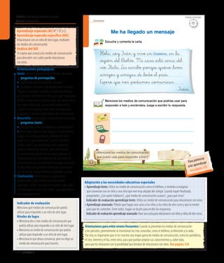 Ámbito:Formación personal y social
Núcleo:Convivencia
100 Unidad 3
Convivencia
Menciona los medios de comunicación que podrías usar para
responder a Iván y enciérralos. Juega a escribir tu respuesta.
¿Mencioné los medios de comunicación
que puedo usar para responder a Iván?
Escucha y comenta la carta.
Me ha llegado un mensaje
60
Hola, _soy Iván y vivo _en Coelemu, _en _la
_región _del Biobío. Mi _casa _está _cerca _del
_río I_tata. Les _escribo _porque _quiero _tener
_amigos y _amigas _de _todo _el _país.
Espero _que nos _podamos _comunicar.
Iván
15’
Tiempo estimado
Indicador de evaluación
Menciona qué medios de comunicación podría
utilizar para responder a un niño de otro lugar.
Niveles de logro
• Mencionadosomásmediosdecomunicaciónque
podríautilizarpararesponderaunniñodeotrolugar.
• Menciona un medio de comunicación que podría
utilizar para responder a un niño de otro lugar.
• Menciona lo que desea comunicar, pero no elige un
medio de comunicación para hacerlo.
Aprendizaje esperado (AE) N° 7 (P y C).
Aprendizaje esperado específico (AEE)
Relacionarse con un niño de otro lugar, mediante
los medios de comunicación.
Análisis del AEE
Se espera que conozca los medios de comunicación
para descubrir con cuáles puede relacionarse
con otros.
Orientaciones pedagógicas
Inicio: Movilice las experiencias previas realizando
las preguntas de prerrequisito:
•¿Qué medios de comunicación conocen?
• ¿Se pueden comunicar con alguien que viva lejos?
Pida que se pongan cómodos y cuente una historia,
por ejemplo: Mi hermana se fue a un lugar muy lejano,
donde no hay correo y quisiera saber qué puedo hacer
para saber cómo está, ¿se les ocurre alguna idea?,
¿cuál? En una cartulina anote todas las respuestas
y pregunte si conocen otros medios de comunicación.
Desarrollo: Active nuevos conocimientos realizando
las preguntas claves:
•¿Para qué nos sirven los medios de comunicación?
•¿Podríamos saber de otros lugares si no existieran?
Luego, lea la carta y pregunte: ¿Dónde vive Iván?,
¿cómo es el lugar donde vive?, ¿qué le podemos
contar a Iván?, ¿les gustaría que Iván supiera de
ustedes? Además de la carta, ¿qué otros medios
de comunicación podemos usar para responderle?
Pregunte para qué sirve cada uno de los medios de
comunicación que se presentan en la página para que
se den cuenta de que todos sirven para relacionarse
con los demás. Luego invítelos a responder la carta.
Finalización: Retroalimente la experiencia
preguntando: ¿Qué medios de comunicación
marcaron?, ¿todos marcaron los mismos?, ¿por qué?,
¿le contestaron a Iván?, ¿les costó?, ¿qué aprendieron
con esta experiencia?
Adaptación a las necesidades educativas especiales
• 	Aprendizaje lento: Utilice un medio de comunicación como el teléfono, e invítelos a imaginar
que conversan con un niño o una niña que vive muy alejado del colegio. Cuando hayan finalizado,
pregúnteles: ¿Con quién hablaron?, ¿qué medio de comunicación usaron?, ¿para qué sirve?
	 Indicador de evaluación aprendizaje lento: Utiliza un medio de comunicación para relacionarse con otros.
• 	Aprendizaje avanzado: Pídales que hagan una carta a los niños y las niñas de otro curso y que la envíen
para que les contesten. Entre todos, hagan un buzón para recibir las respuestas.
	 Indicadordeevaluaciónaprendizajeavanzado:Haceunacartapararelacionarseconniñosyniñasdeotrocurso.
Orientacionesparaevitarerroresfrecuentes:Cuando se presentan los medios de comunicación
a los párvulos, generalmente se mencionan los más conocidos, como el teléfono, la televisión y la radio.
Por esto, es importante que se les muestre una mayor gama de medios de comunicación, como los periódicos,
el cine, Internet y el fax, entre otros, para que puedan ampliar sus conocimientos y, sobre todo,
para que los relacionen con la posibilidad que brindan de relacionarse con otros. Vea página 126
Para potenciar
este aprendizaje
vea página 120
 