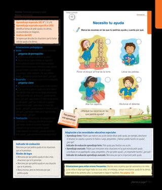 Ámbito: Formación personal y social
Núcleo: Convivencia
¿Vamos a jugar? 101
Convivencia
61
Marca las escenas en las que tú pedirías ayuda y cuenta por qué.
Necesito tu ayuda
¿Marqué las escenas en las
que pediría ayuda?
Poner el bloque al ﬁnal de la torre.
Atar los zapatos.
Llevar las pelotas.
Abotonar el delantal.
15’
Tiempo estimado
Indicador de evaluación
Menciona por qué pediría ayuda en las situaciones
que se le presentan.
Niveles de logro
• Menciona por qué pediría ayuda en dos o más 	
	 situaciones que se le presentan.
• Menciona por qué pediría ayuda en una situación 	
	 que se le presenta.
• Marca escenas, pero no menciona por qué
	 pediría ayuda.
Aprendizaje esperado (AE) N° 2 (V y N).
Aprendizaje esperado específico (AEE)
Identificar formas de pedir ayuda a los demás,
reconociéndolas en imágenes.
Análisis del AEE
Se espera que descubra las situaciones que lo harían
solicitar ayuda a los demás.
Orientaciones pedagógicas
Inicio: Movilice las experiencias previas realizando
las preguntas de prerrequisito:
•¿Ayudan a sus amigos cuando se los piden?
•¿Ayudan en sus casas a ordenar sus juguetes?
Realice juegos de equipo donde algunas pruebas
deban realizarlas en pareja (yincana o juegos típicos)
para que tengan la necesidad de pedir ayuda
a sus amigos. Luego, pregunte: ¿Por qué pidieron
ayuda?, ¿lo hubieran podido hacer solos?, ¿por qué?
Desarrollo: Active nuevos conocimientos realizando
las preguntas claves:
•¿Es importante pedir ayuda cuando la necesitamos?
• ¿Qué ocurriría si pidieran ayuda y no se las dieran?
Pida que describan cada escena. Apoye preguntando:
¿Qué hace la niña con los bloques?, ¿puede hacerlo
sola?, ¿por qué?, ¿qué pasaría si el niño con las pelotas
no pide ayuda?, ¿qué hace la niña con su zapato?,
¿puede hacerlo sola?, ¿sería mejor si lo hace con
ayuda?, ¿por qué?, ¿puede ponerse el chaleco el niño?,
¿por qué?, ¿qué harían ustedes en el lugar de estos
niños y niñas?, ¿por qué?
Finalización: Retroalimente con preguntas como:
¿Qué hacen los niños y las niñas de las escenas?,
¿qué harían ustedes en la misma situación?,
¿marcaron en qué escenas pedirían ayuda?,
¿todos marcaron las mismas?, ¿siempre es posible
pedir ayuda?, ¿qué aprendieron en esta experiencia?
Orientaciones para evitar errores frecuentes: Muchas veces se piensa que dar autonomía a los niños
y a las niñas es dejar que hagan todas las cosas solos; sin embargo, siempre necesitamos ayuda de los demás,
sobre todo en los primeros años. Lo importante es lograr el equilibrio. Vea página 126
Adaptación a las necesidades educativas especiales
• Aprendizaje lento: Pídales que realicen una acción donde deban pedir ayuda, por ejemplo, abrocharse
el delantal, los zapatos o ponerse el chaleco. Luego, pregúnteles: ¿Habrían podido hacerlo sin ayuda?,
¿por qué?
	 Indicador de evaluación aprendizaje lento: Pide ayuda para finalizar una acción.
• Aprendizaje avanzado: Pídales que mencionen otras situaciones en las que necesita pedir ayuda
y escríbalas en un papelógrafo. Luego, pregúnteles: ¿Por qué piden ayuda?, ¿es importante hacerlo?, ¿por qué?
	 Indicador de evaluación aprendizaje avanzado: Menciona por qué es importante pedir ayuda.
Para potenciareste aprendizajevea página 120
 