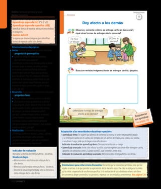 Ámbito:Formación personal y social
Núcleo:Convivencia
102 Unidad 3
Convivencia
62
Doy afecto a los demás
Observa y comenta: ¿Cómo se entrega cariño en la escena?,
¿qué otras formas de entregar afecto conoces?
Busca en revistas imágenes donde se entregue cariño y pégalas.
¿Mencioné formas de entregar
afecto a los demás?
¡Te hice
un dibujo!
¿Cómo te
sientes?
15’
Tiempo estimado
Aprendizaje esperado (AE) N° 6 (P y C).
Aprendizaje esperado específico (AEE)
Identificar formas de expresar afecto, reconociéndolas
en imágenes.
Análisis del AEE
Se espera que observe imágenes para identificar
formas de expresar cariño a los demás.
Orientaciones pedagógicas
Inicio: Movilice las experiencias previas realizando
las preguntas de prerrequisito:
• Cuando un amigo ha tenido un problema,
¿qué han hecho para ayudarlo?
Comente que una forma de entregar cariño es dando
un regalo, y que un abrazo, un cariño, un beso,
un te quiero, también son formas de hacerlo.
Cuénteles que harán un regalo para la persona
que ellos deseen. Para ello, ofrézcales diferentes
materiales de manera que puedan elegir los que
quieran usar. Cuando hayan finalizado, pida que
muestren el regalo y comenten a quién se lo van
a dar y por qué.
Desarrollo: Active nuevos conocimientos realizando
las preguntas claves:
•	¿De qué manera podemos ayudar a los demás?
•	¿Quépasaríasinuncaayudáramosalosdemás?
Luego,pregunte:¿Quéleregalaelniñoalotroniño?,
¿quélesucedealaniña?,¿porquéelniñolatoma
delamano?,¿seestaránentregandocariño?,
¿porqué?,¿ustedesentregancariñoalosdemás?,
¿cómo?Invítelosabuscarimágenesdonde
seentreguecariñoycuandofinalicenpregunte:
¿Porquéescogieronestasimágenes?,¿quésintieron
cuandolasvieron?,¿porqué?
Finalización: Retroalimente preguntando:
¿Se entrega cariño en la escena?, ¿cómo?, ¿dónde?,
¿qué formas de entregar cariño conocen?,
¿pegaron las imágenes?, ¿por qué las eligieron?,
¿qué aprendieron en esta experiencia?
Orientaciones para evitar errores frecuentes: Recuerde que la convivencia armónica, más que los
regalos o caricias, es la que permite la expresión de afecto hacia los otros. Por esto, no obligue a los niños
y a las niñas a expresarlo de una forma específica. En la realización de las actividades refuerce un clima
de convivencia alegre y estimule a los párvulos a expresar con sinceridad sus sentimientos. Vea página 126
Adaptación a las necesidades educativas especiales
• Aprendizaje lento: Se sugiere que además de comentar la escena, se junten en pequeños grupos
y se entreguen cariño con el cuerpo, por ejemplo con: un apretón de manos, una caricia, una sonrisa
o un abrazo. Luego, pida que lo hagan como ellos deseen.
		 Indicador de evaluación aprendizaje lento: Demuestra cariño con su cuerpo.
• Aprendizaje avanzado: Invite a los niños y las niñas a contar experiencias donde ellos entreguen cariño,
apóyelos con preguntas como: ¿Cuándo ocurrió?, ¿qué sintieron?, entre otras.
		 Indicador de evaluación aprendizaje avanzado: Menciona cómo entrega afecto a los demás.
Indicador de evaluación
Menciona las formas de entregar afecto a los demás.
Niveles de logro
• Menciona dos o más formas de entregar afecto
	 a los demás.
• Menciona una forma de entregar afecto a los demás.
• Describe la situación presentada, pero no menciona
	 cómo entregar afecto a los demás.
Para potenciar
este aprendizaje
vea página 120
 